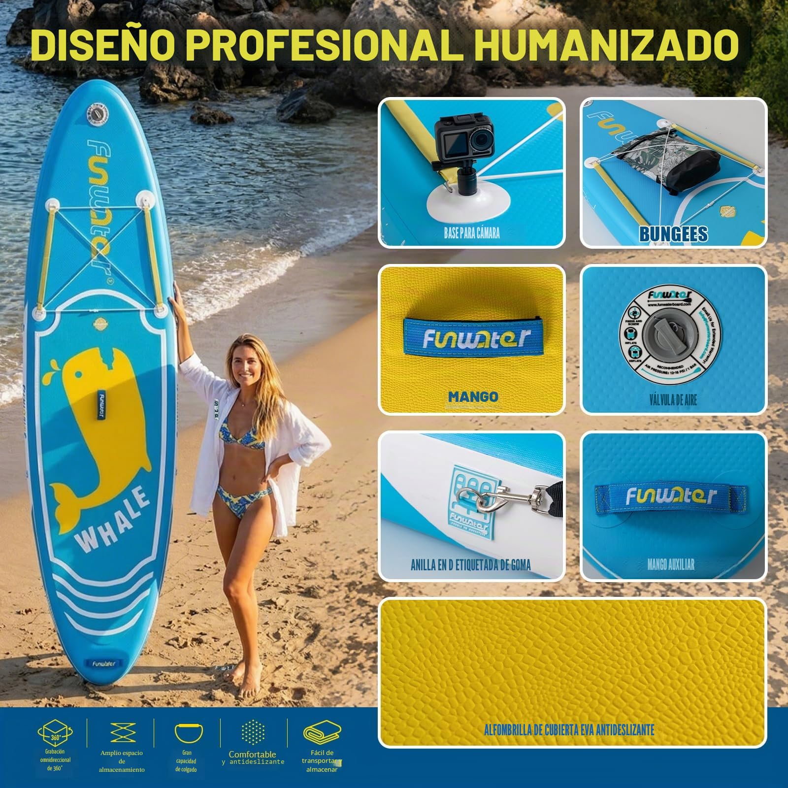 FunWater Tabla de Surf Hinchable de pie para Surf, Tabla de Surf Sup, Accesorio de Remo Ajustable, Bomba, Mochila de Viaje, Correa de Seguridad, Funda Impermeable para teléfono móvil