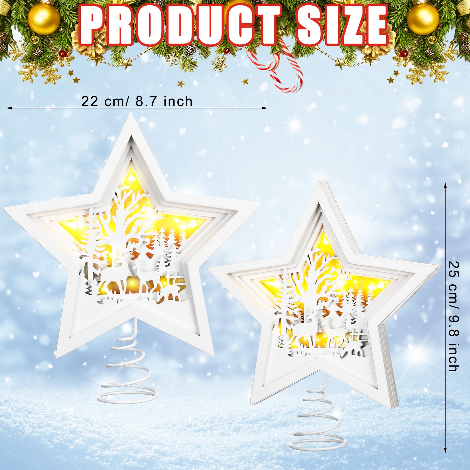 Beeveer Christmas Reindeer Tree Topper Lighted Wooden Rustic Star Wonderland Tree Decor White Hollow Star Deer Forest LED 3D Christmas Ornament for Winter Christmas Tree Decoration, 10 x 8.7 Inch