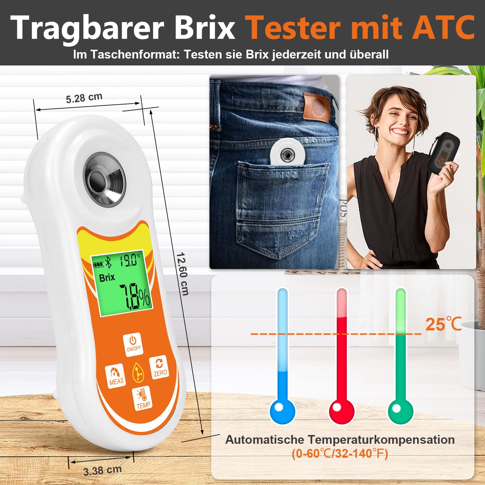 YINMIK Brix Refraktometer Intelligentes Brix Messgerät Zucker Messgerät | Brix Refraktometer mit ATC Funktion, tragbares Brix Messgerät für Obst, Wein- und Bierbrauen Kaffee Ahornsirup Säfte