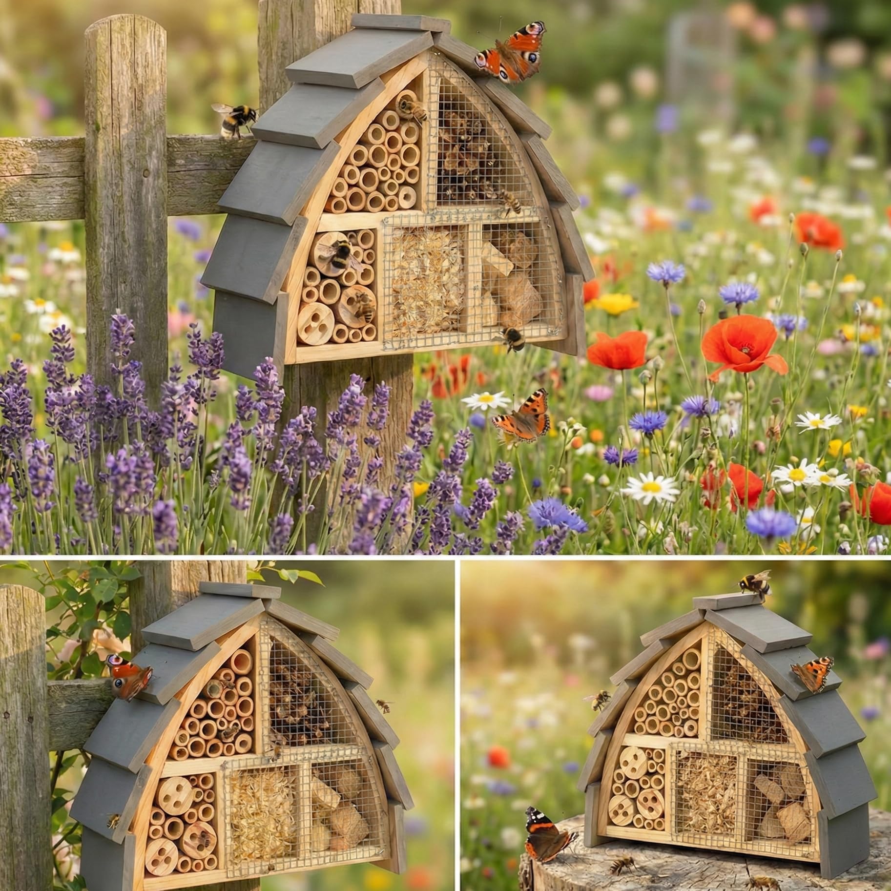 Insektenhotel wetterfest aus Holz – Bienenhotel mit Vogelschutz für Wildbienen & Schmetterlinge – Insektenhaus groß für Garten – Insektenhotel Bienenhotel Schmetterlingshaus