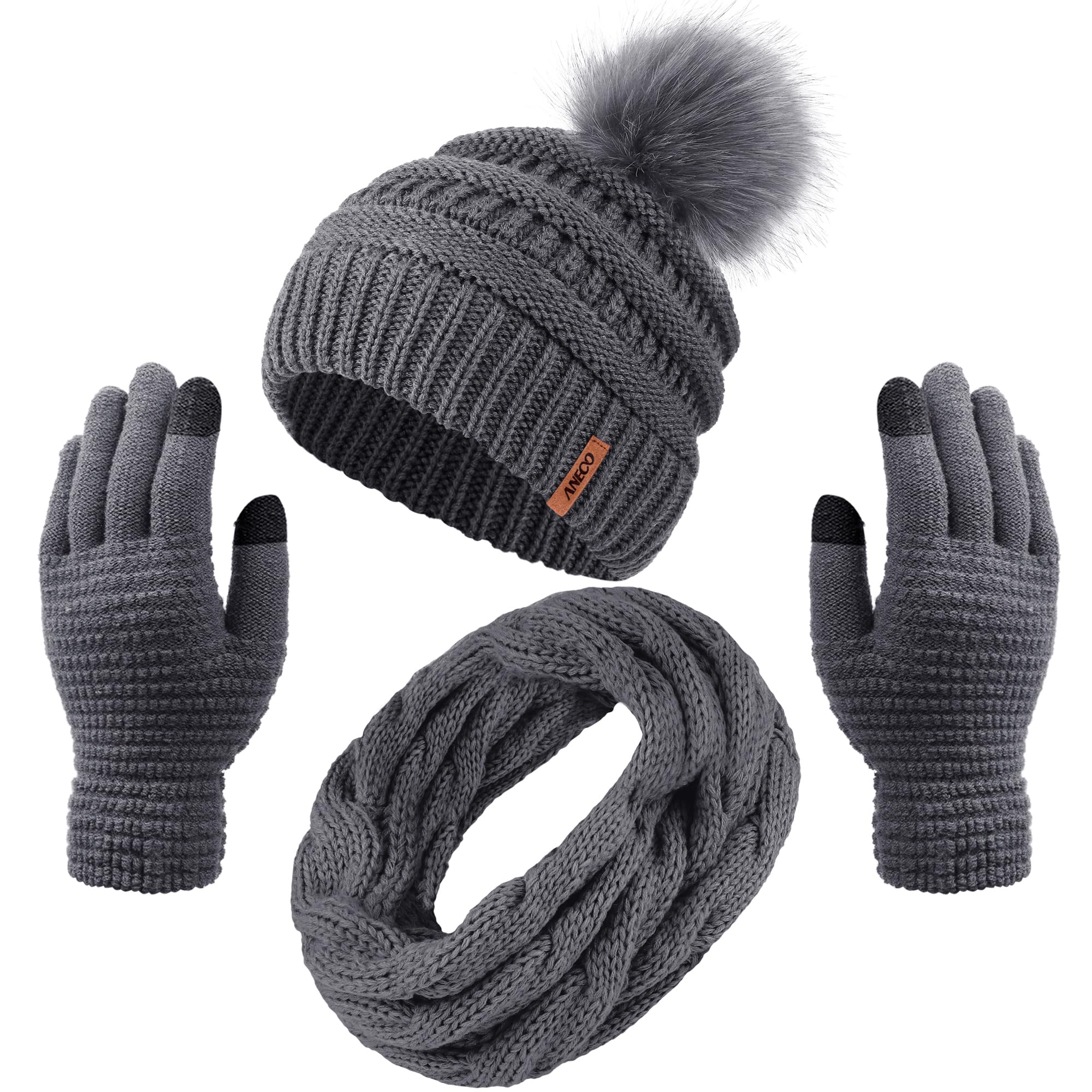 Aneco Womens Winter Warm Sets Knitted Fur Pompoms Beanie Hat Circle Loop Scarf Touch Screen Gloves Winter Favor Accessories