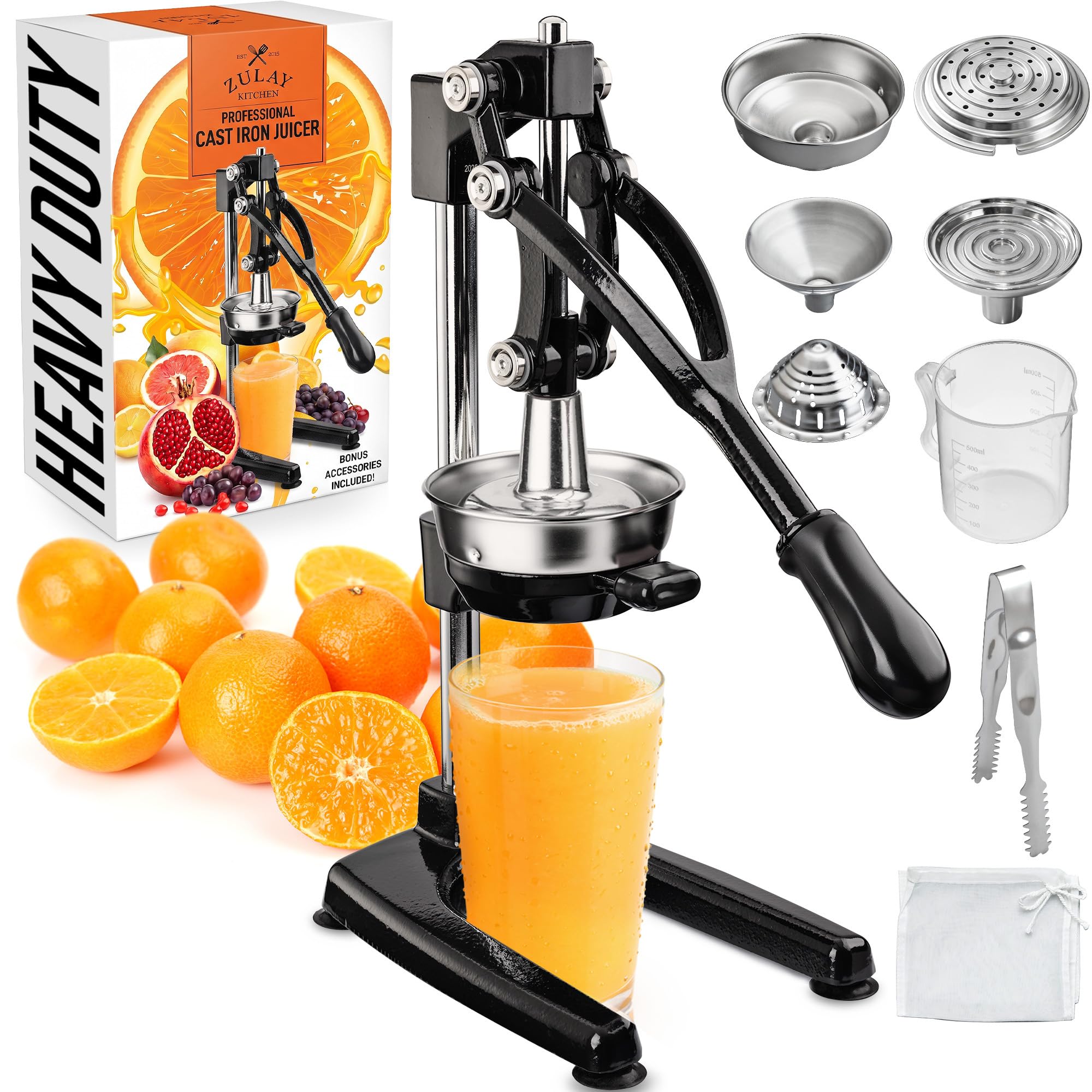 Zulay Kitchen Cast Iron Juicer, Orange Manual Juicer Press, 9-in-1, Black