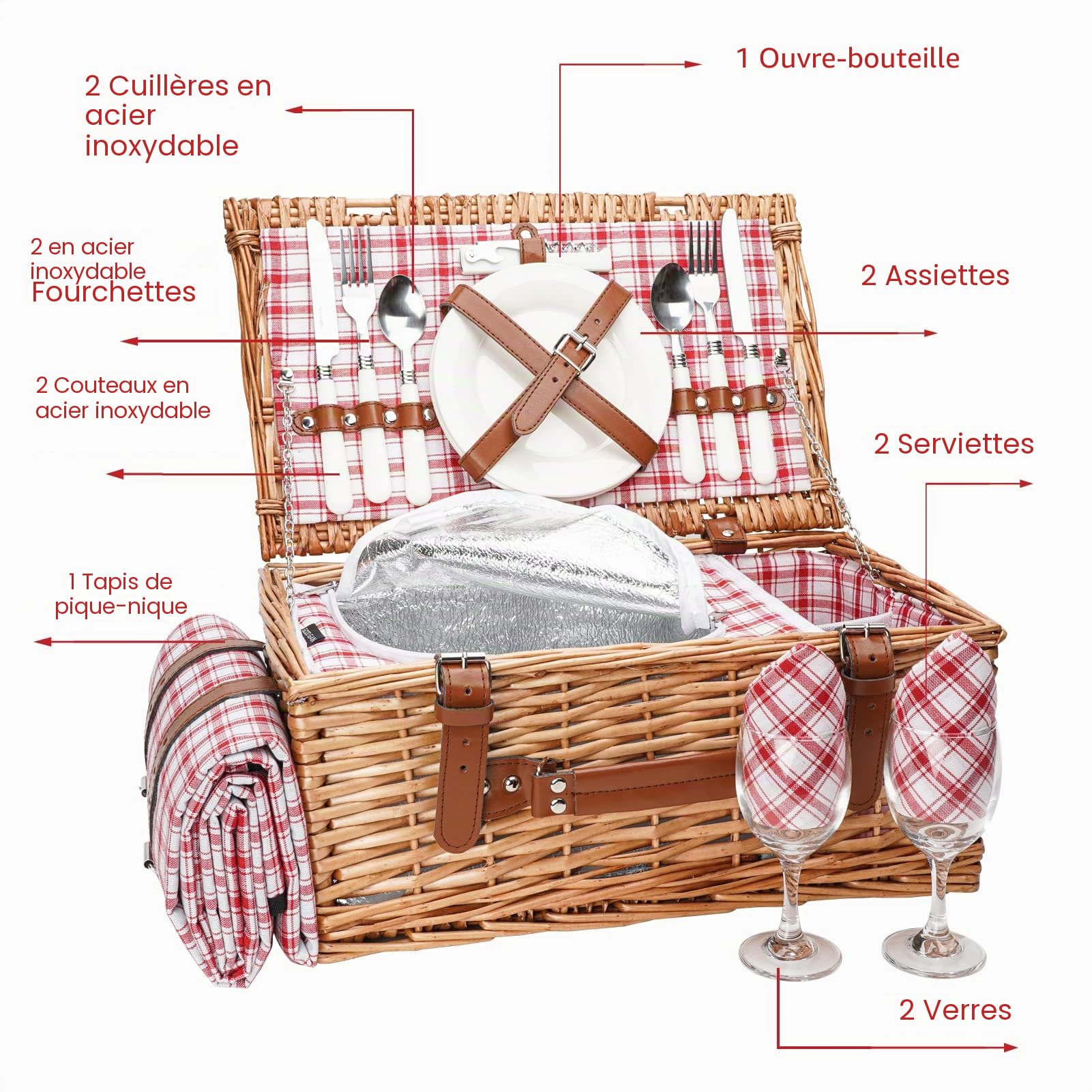 Panier de pique-nique en osier pour 2 personnes avec couverture de pique-nique imperméable et grand compartiment isotherme - Panier de pique-nique en saule avec kit de couverts pour camping, mariage