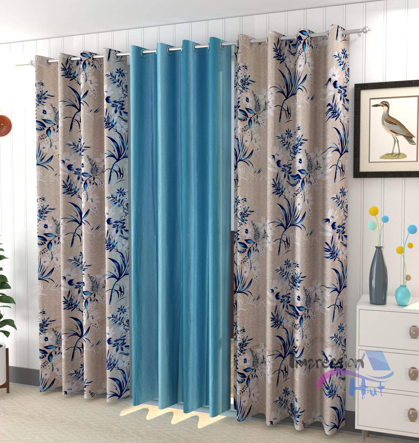 Impression Hut Long Print Joint Wind Leaf + Plain Curtains for Window 3 Pc. Color Black Size 4 Feet x 5 Feet. (4 Feet x 6 Feet, 3 Pc Aqua)