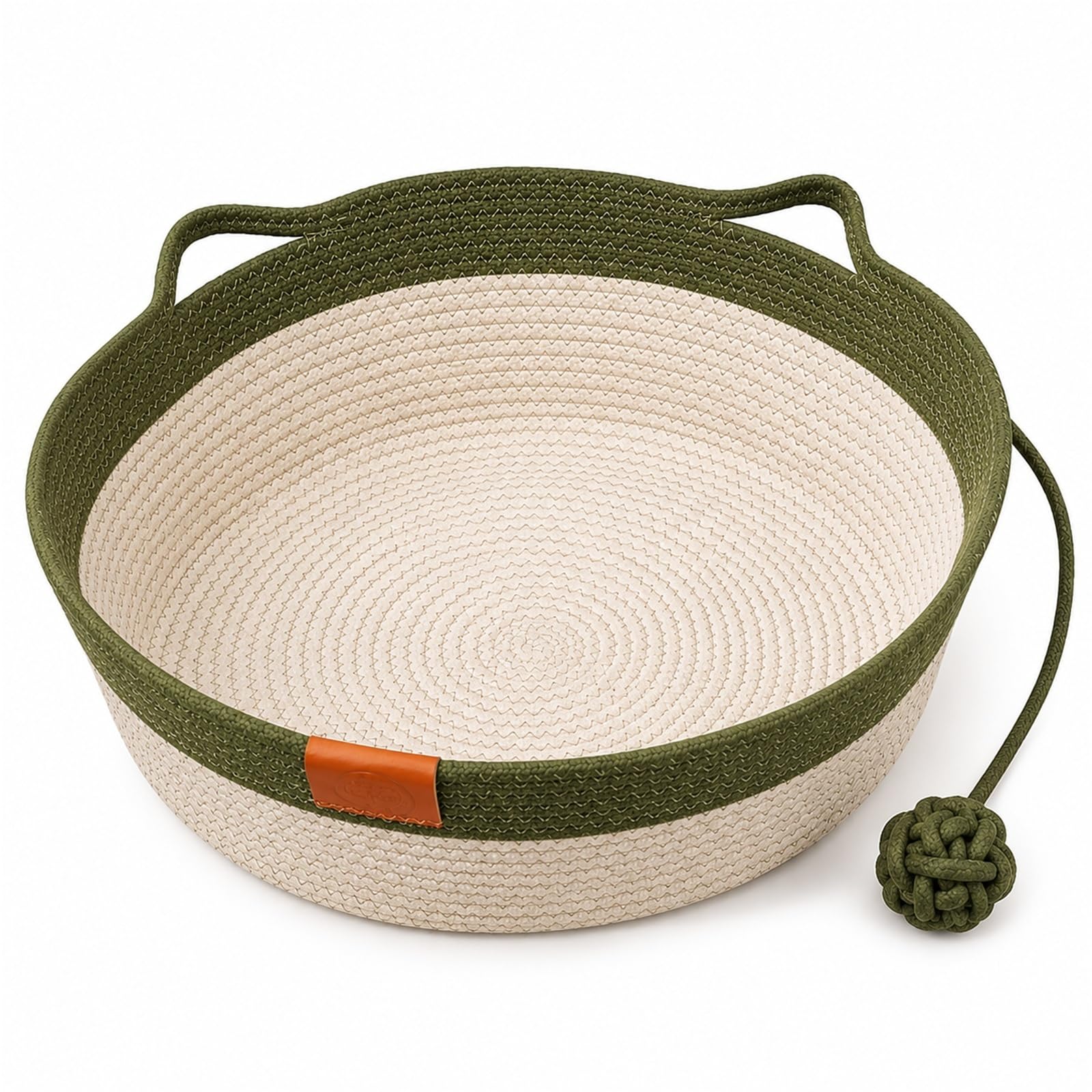 Wicker Cat Basket Cotton Rope Cat Enrichment Bed, Khaki Handwoven Basket With Toy Tail And Cat Ear Design, Breathable All-Season Indoor Cat Bed(Green)