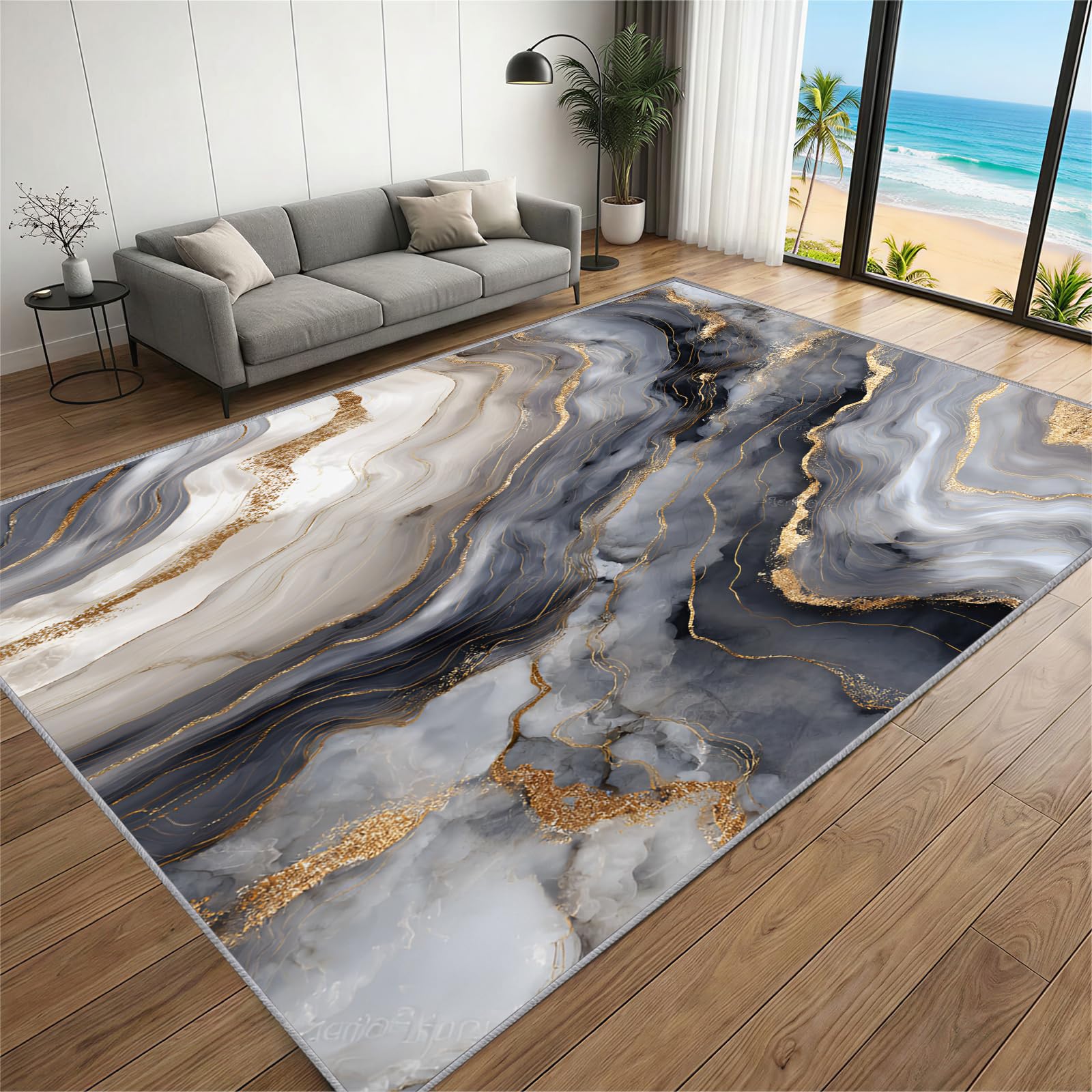 BEQUTIY Smoky Gray Rugs 210 x 300 cm,Modern Luxury Marble Area Rug, Black and Gold Marble Swirl Rug, Non-slip Machine Washable Carpet for Sofa and Bed Decoration, Bedroom and Office — image 1