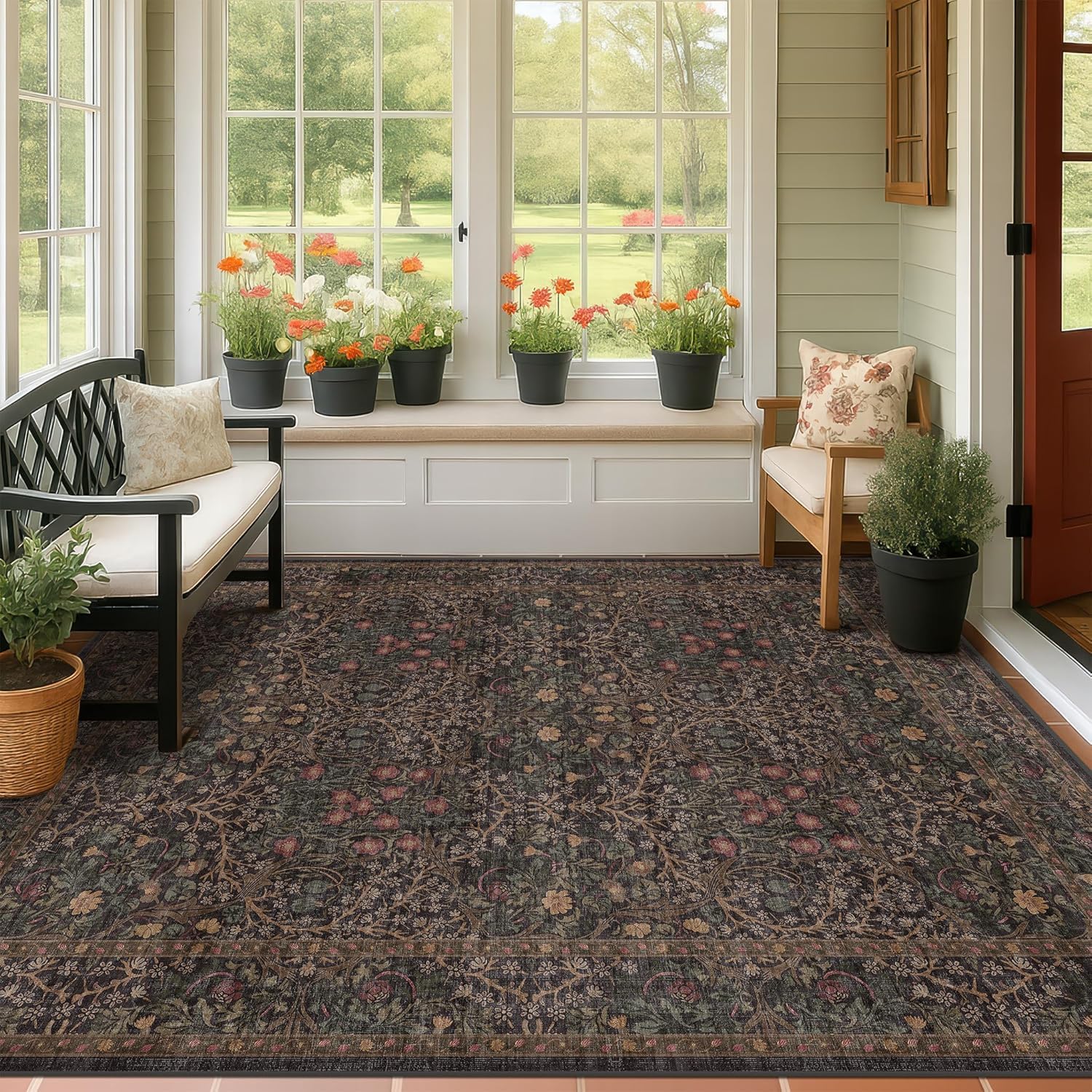 Tapis poils courts 80x120 cm à motif floral rétro pour entrée et salon