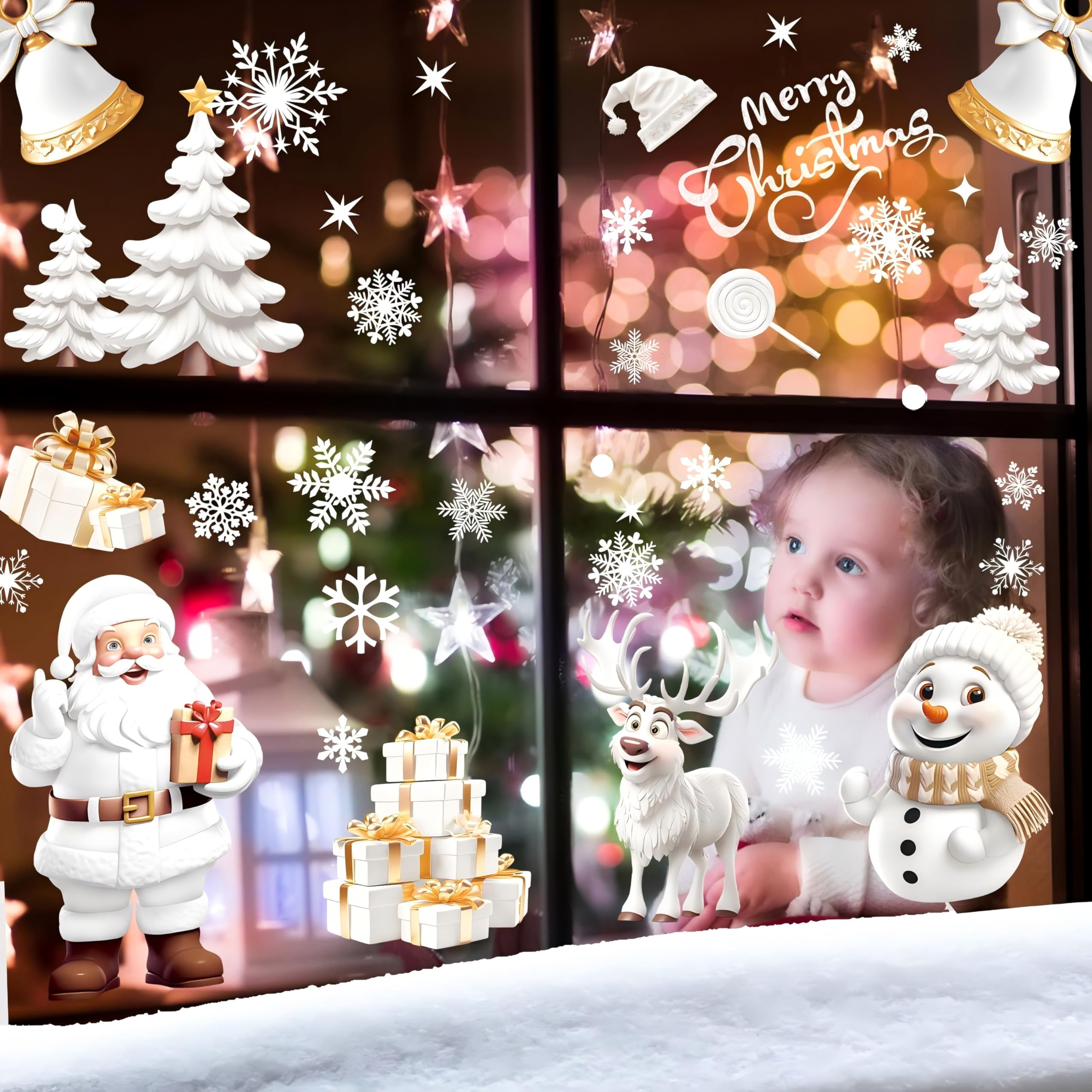 AhfuLife Lot De 147 Autocollants De Noël Pour Fenêtre, Père Noël, Rudolphe, Bonhomme De Neige Pour Noël, Autocollants Statiques Stéréo Réutilisables Pour Verre, Fournitures De Fête De Noël