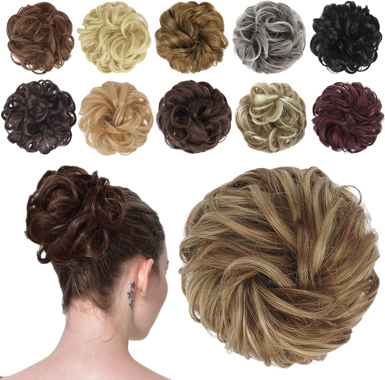 FESHFEN Messy Bun Hair Piece - Wavy Synthetic Chignon Scrunchies for Instant Volume, Elastic Bun Ponytail Hair Extensions Thick Hairpieces for Women, Brown & Blonde 1.50 oz