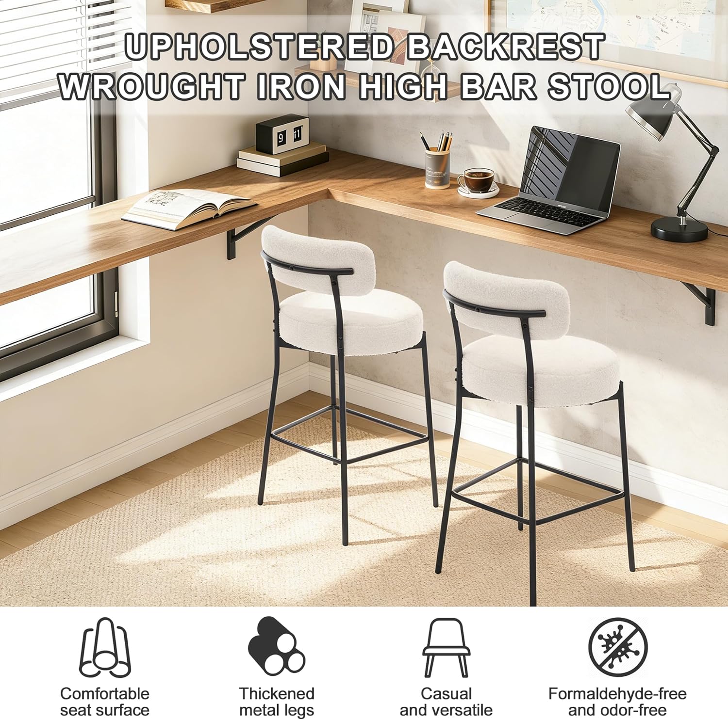 Bar Stools Set of 2, 27" White Boucle Counter Height Barstools with Back and Metal Legs, Upholstered Modern Barstools Chairs for Kitchen Island, Counter, Dining Room
