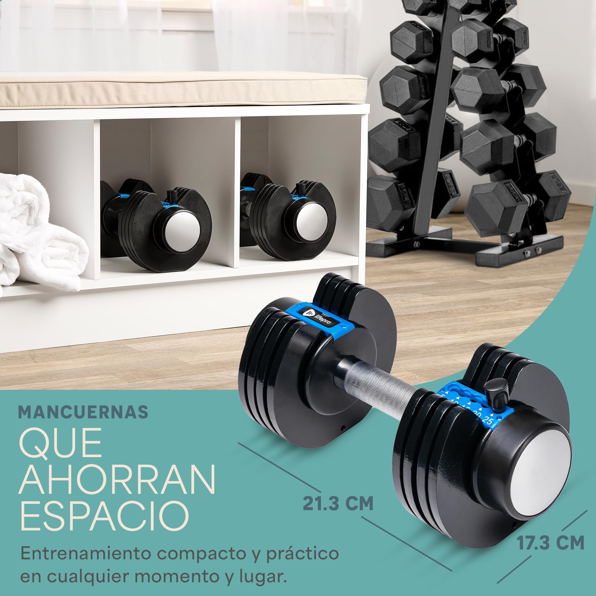 LifePro Juego de Mancuernas Ajustables de 2 x 11,34 kg/25 lb - Juego de Pesas Duraderas con Mango Antideslizante y Mecanismo de Bloqueo de Seguridad para Gimnasio en Casa