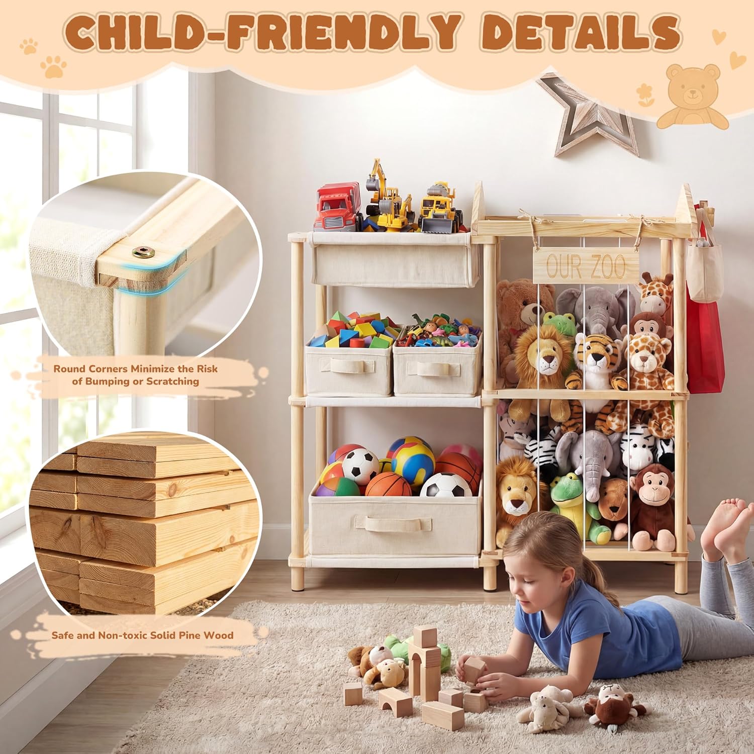 Kids Toy Organizers and Storage with 4 Toy Bins - Stuffed Animal Zoo Holder with 2 Hooks - Large Capacity Playroom Organization - Plush Storage for Toddler & Living Room
