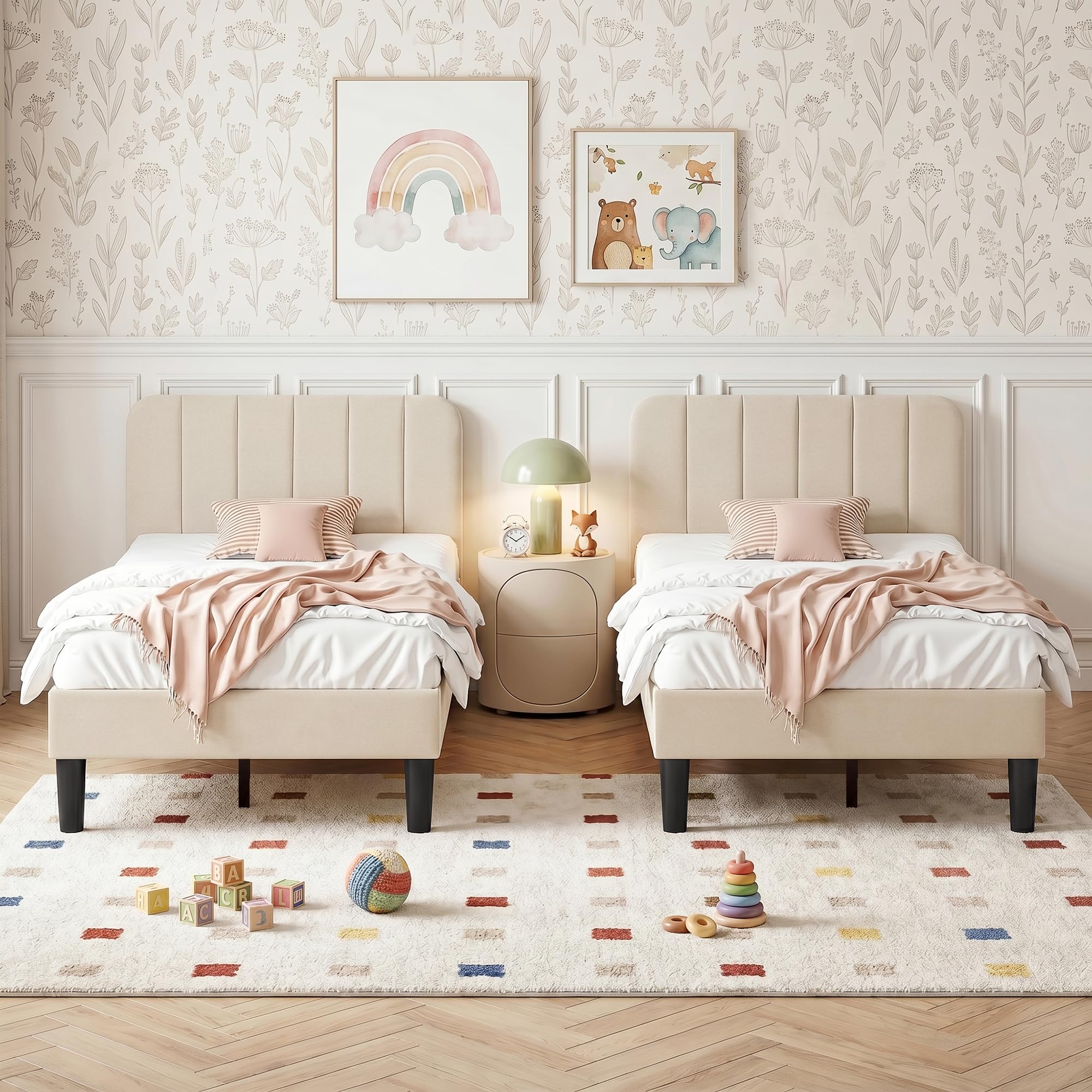 VECELO 3FT Single Bed Frame Set of 2, Upholstered Single Beds with Adjustable Velvet Headboard, Sturdy Wooden Slat Support, Noise Free, Easy Assembly, No Box Spring Needed