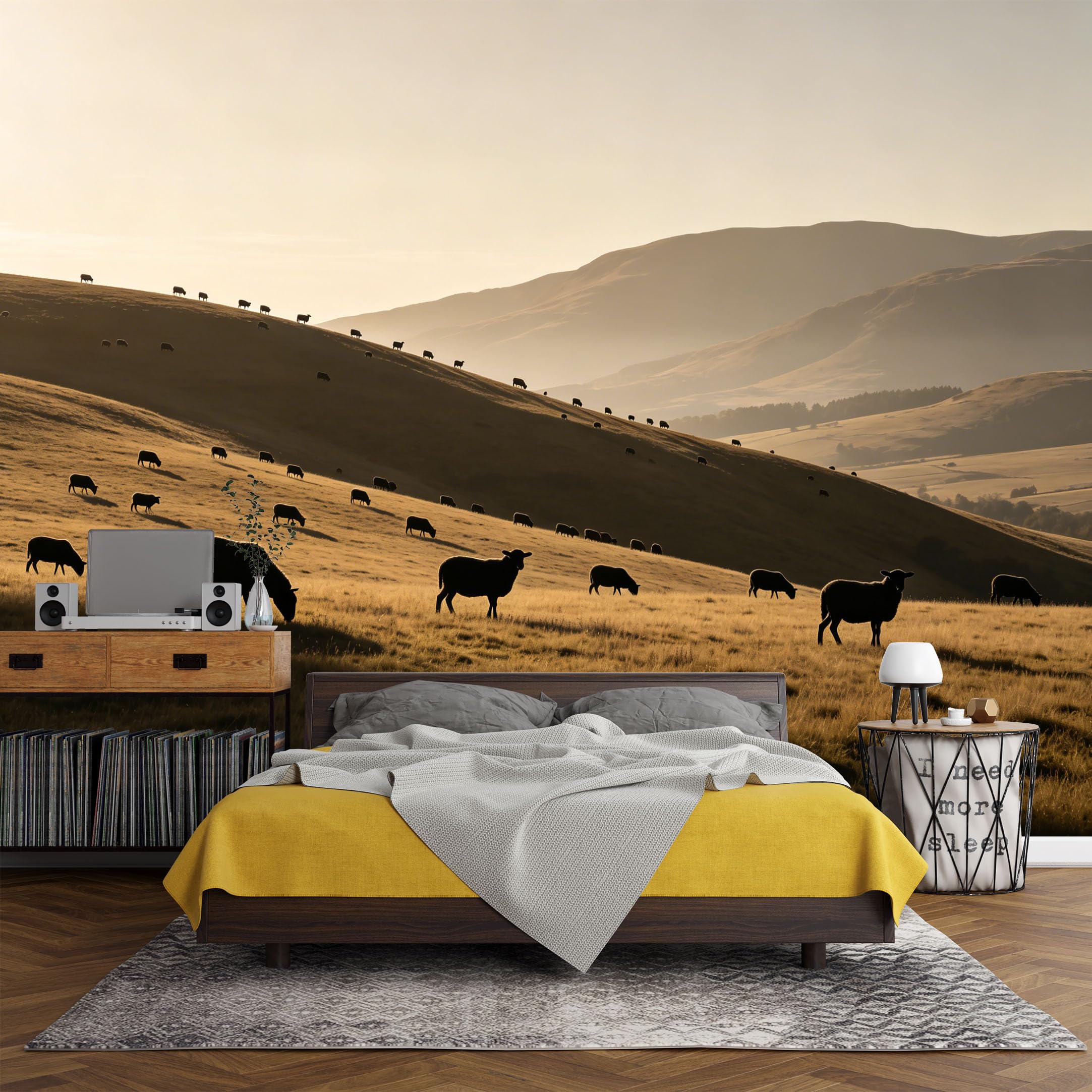 Custom Size Wall Mural， Landscape Golden Hills Grazing Sheep Pasture Sunset View，SelfAdhesive Art Prints wall Fabric (No PVC) Removable Wallpaper Living Room Decor