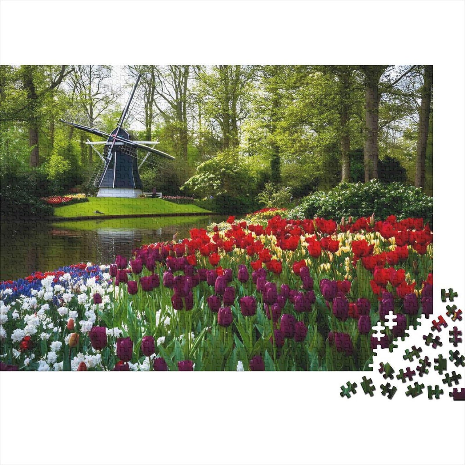 Dutch Windmill Garden 1000-Piece Tulips Windmill Jigsaw Puzzles for Adult Recycled-Cardboard Relaxing Stress Relief for Wall Decoration And Gifts for Men, Gifts for Women 52x38cm/1000pcs — image 1