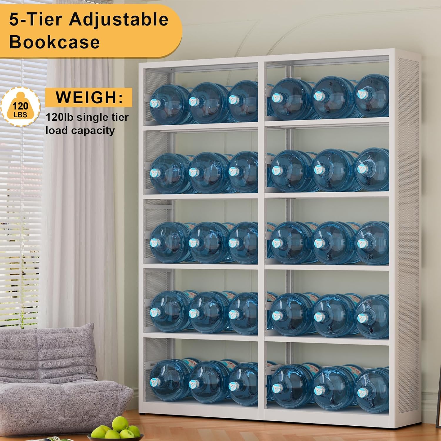 68''Tall Book Shelf, 5-Tier Bookshelves and Bookcases, White Modern Stoage Bookshelf Organizer, Metal Display Shelf with Adjust Shelves（ 1 Main Shelf and 1 Sub-Shelf）