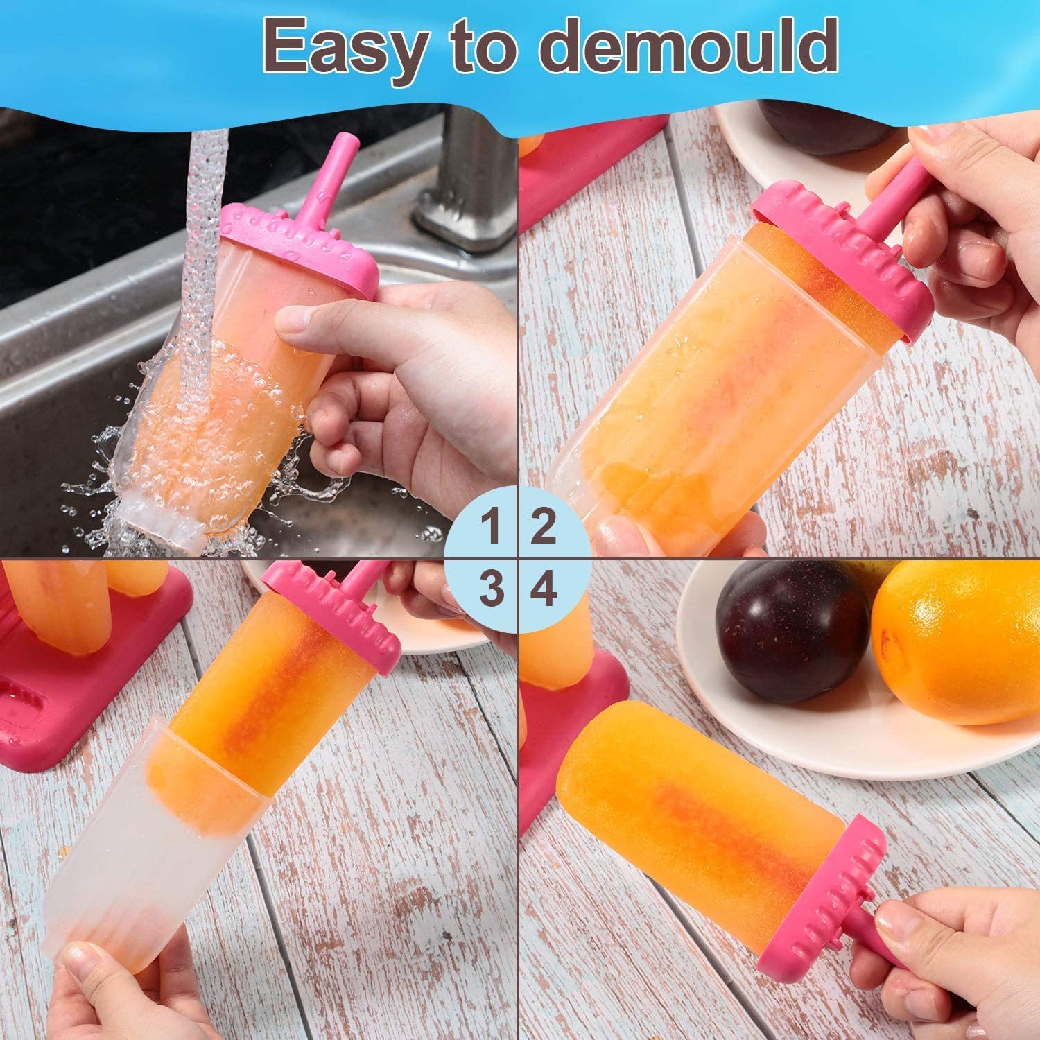 KARP Set of 6 Plastic Reusable Ice Pop Makers, Homemade Popsicle Frozen Ice Cream Moulds Tray Kulfi Candy Ice Lolly Mold for Children & Adults - Pink Color, 14L x 14.8W x 16.5H Cm 3