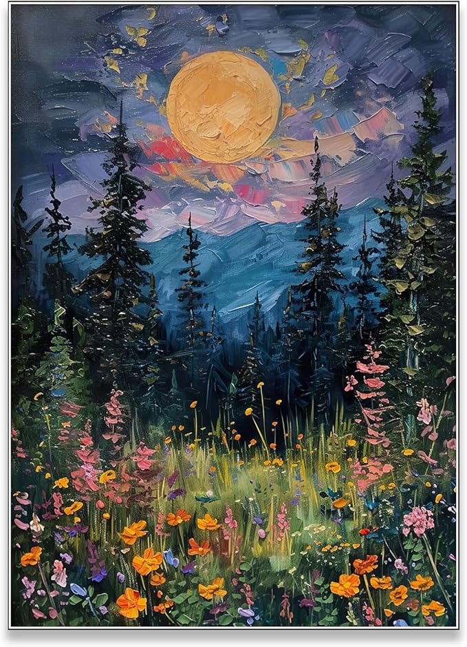 Ecqizer Moon Wall Art,Vintage Wildflowers and Woodland Art