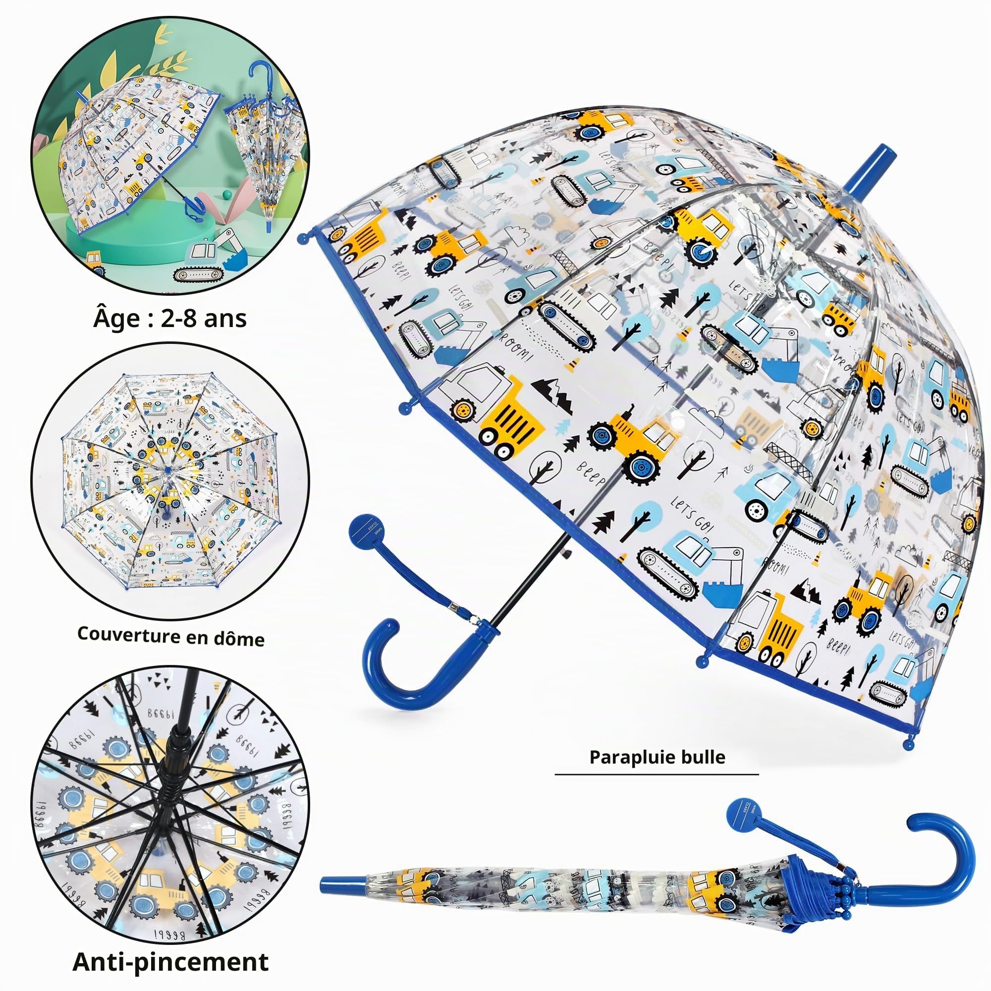 Parapluie Clair à bulles transparent pour enfants - Parfait pour la marche - Poignée courbée - Dôme transparent et mignon - Parapluie de sécurité pour enfants Kids Clear Umbrella