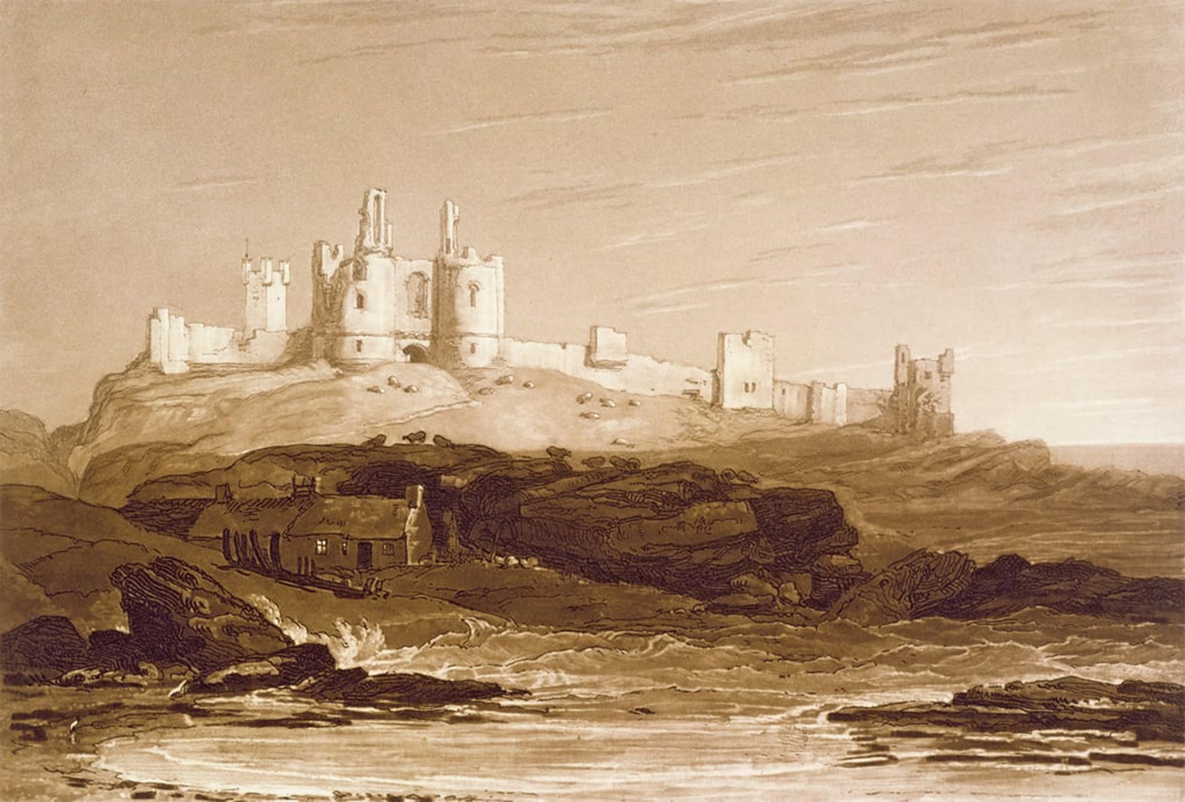 SERENDIPITP Vintage Wall Art Canvas Nordic Poster Canvas Print Picture Dunstanborough Castle From the 'Book of Studies' Engraved by Mallord William Turner Wall Art Poster for Home Decor 60x90cm