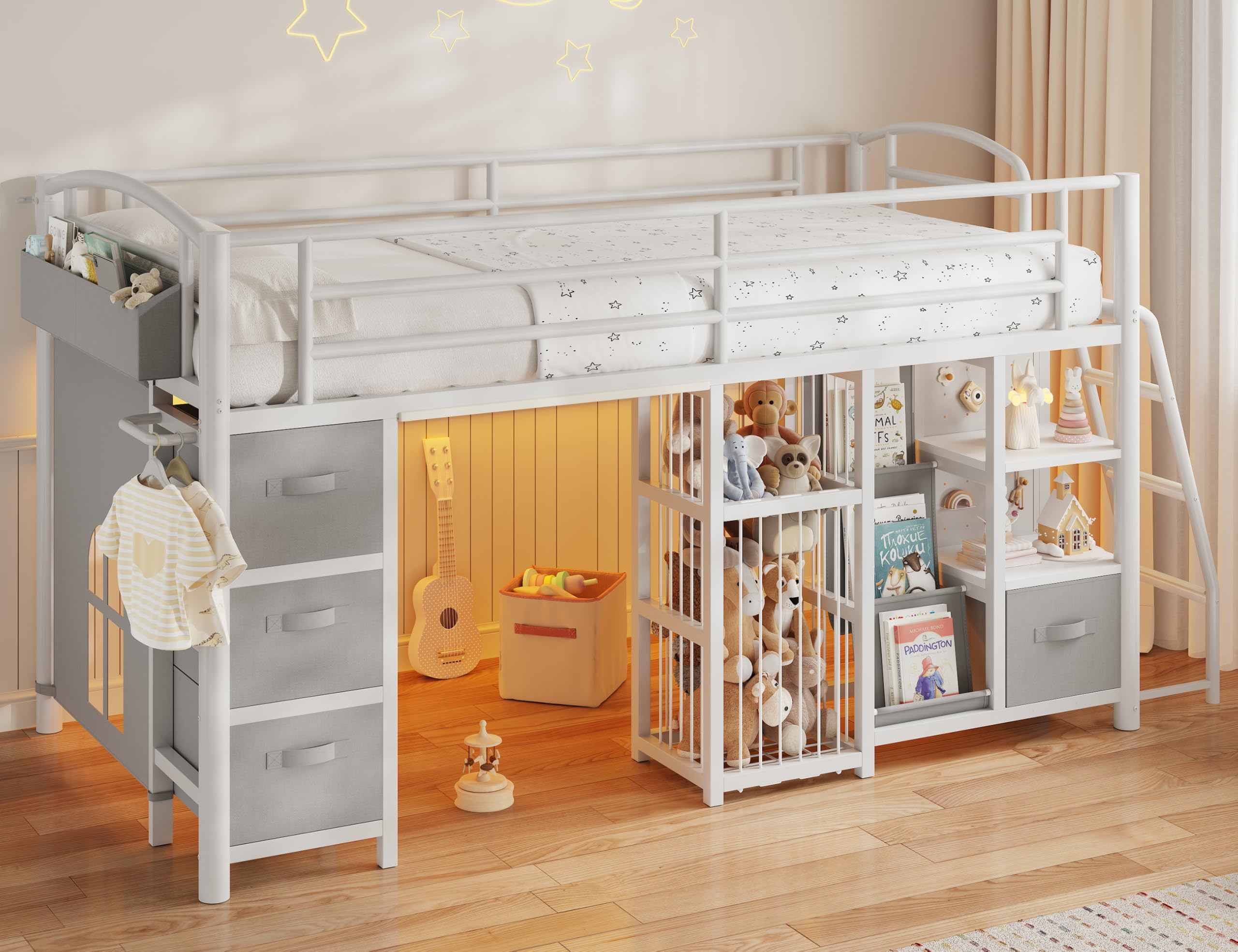 View 1 of *** PARTIAL SET *** MapleGrace Twin Low Loft Bed with Storage and LED Lights