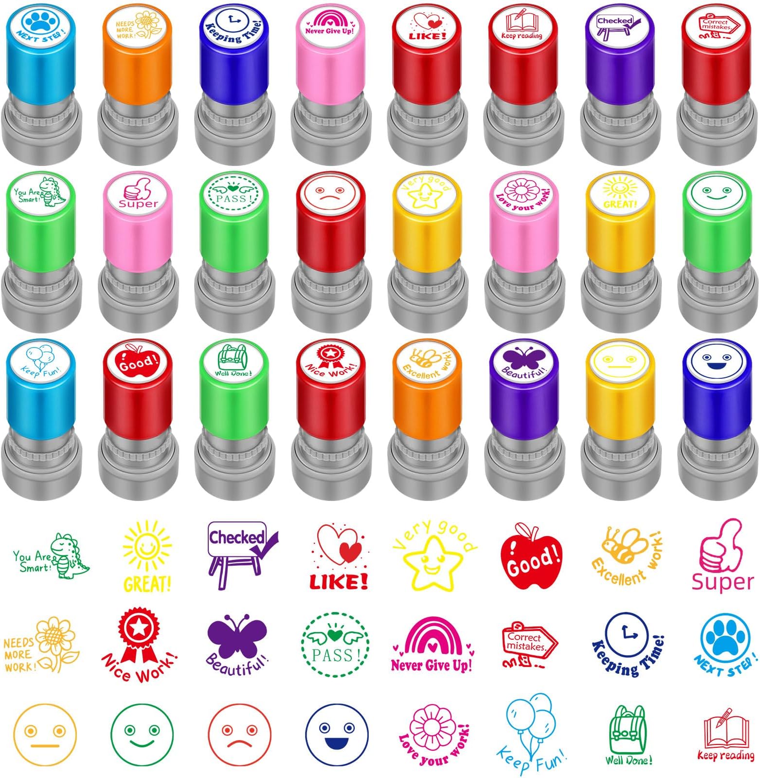 Fainne 24 Pcs Teacher Stamp for Classroom Self Inking Rubber Sorted Review Picture Stamps Bulk for Motivation Boy Girl Teacher Comments Student Homework for Education Back to School Gifts(Cute)