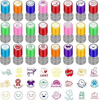 Fainne 24 Pcs Teacher Stamp for Classroom Self Inking Rubber Sorted Review Picture Stamps Bulk for Motivation Boy Girl Teacher Comments Student Homework for Education Back to School GiftsCute