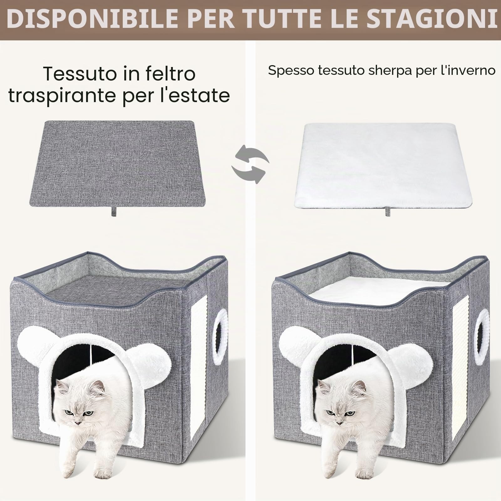 Casetta pieghevole per gatto, Cuccia Gatto Casa pieghevole con terrazza, letto a 2 strati grande grotta con tiragraffi e Pallina da Gioco