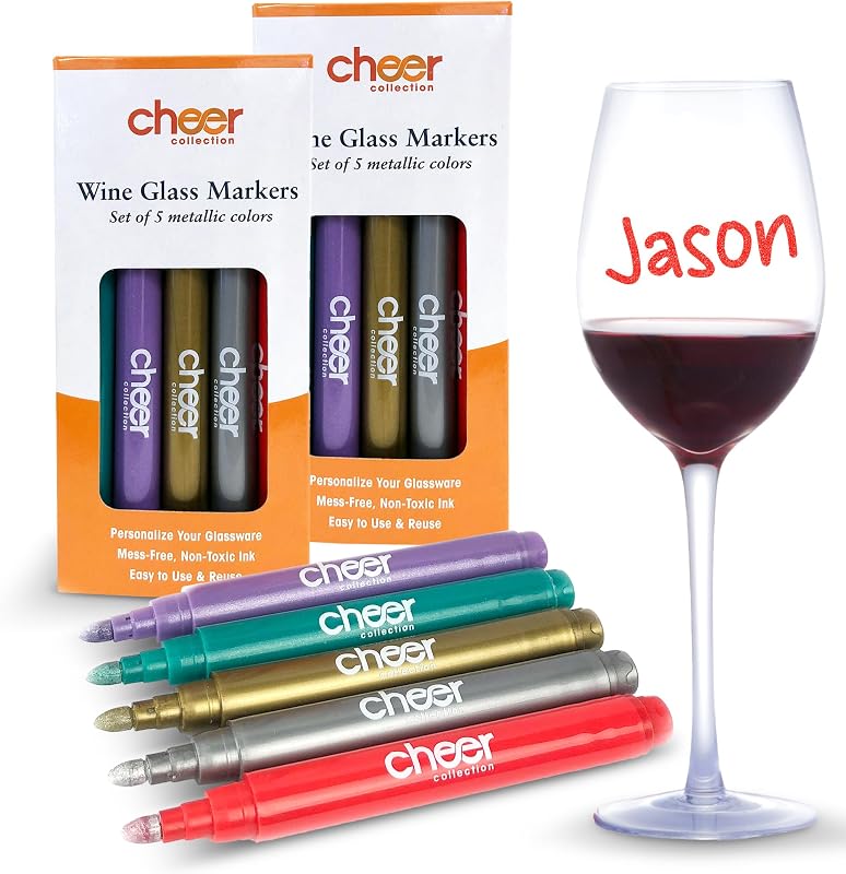 Cheer Collection Metallic Wine Glass Markers, Dry Erase Markers, Washable Wine Glass Marker Pens, Quick Dry Markers for Glasses, Ceramics, & Mirrors, Great for Weddings, Banquets & Parties, Set of 10