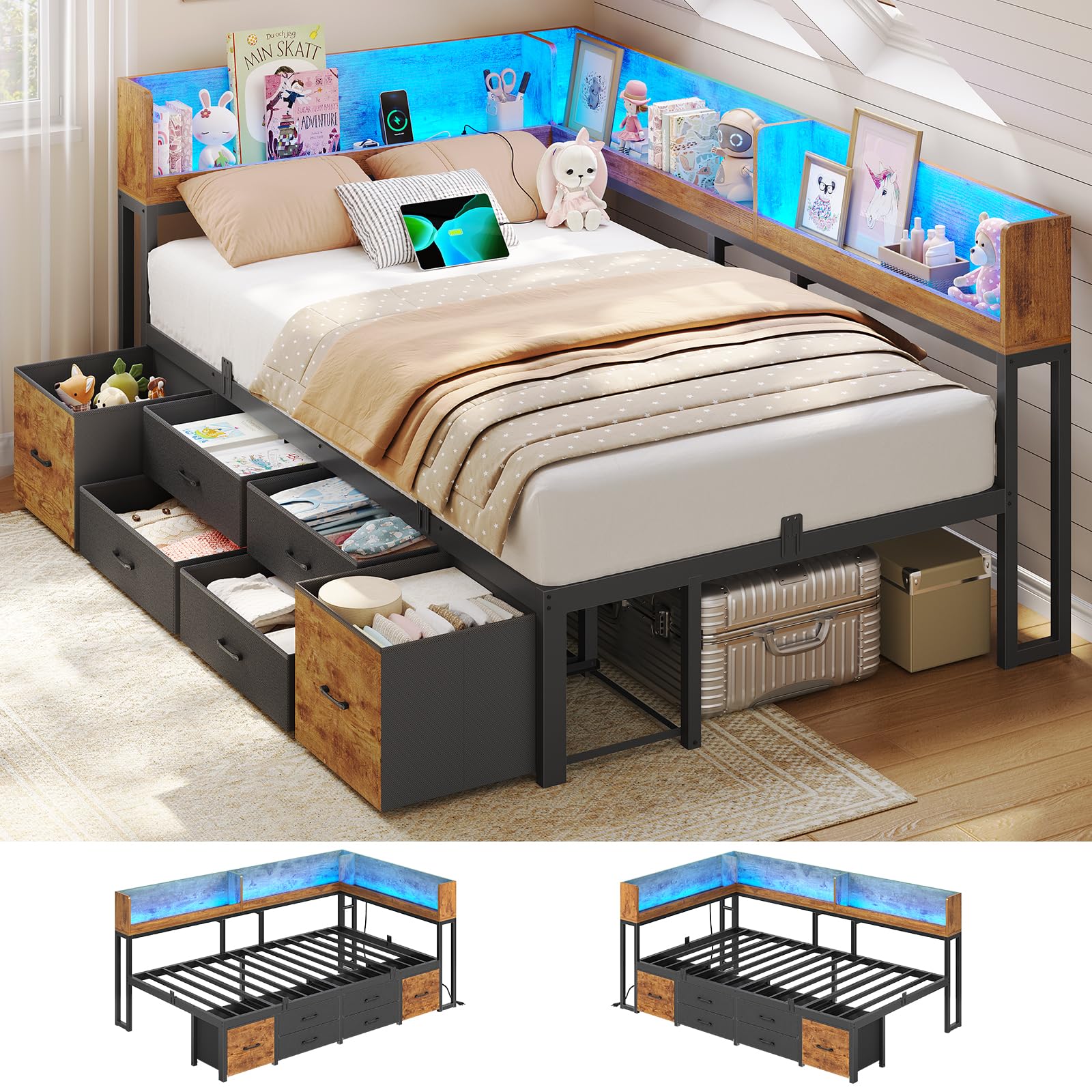 AOGLLATI Schlafsofa 90x200 Jugendbett mit Integriertem Bücherregal & 6 Schubladen,Bett mit Stauraum & LED-Beleuchtung Gästebett Tagesbett Bettgestell mit Lattenrost (Vintage Braun, 90x200cm)