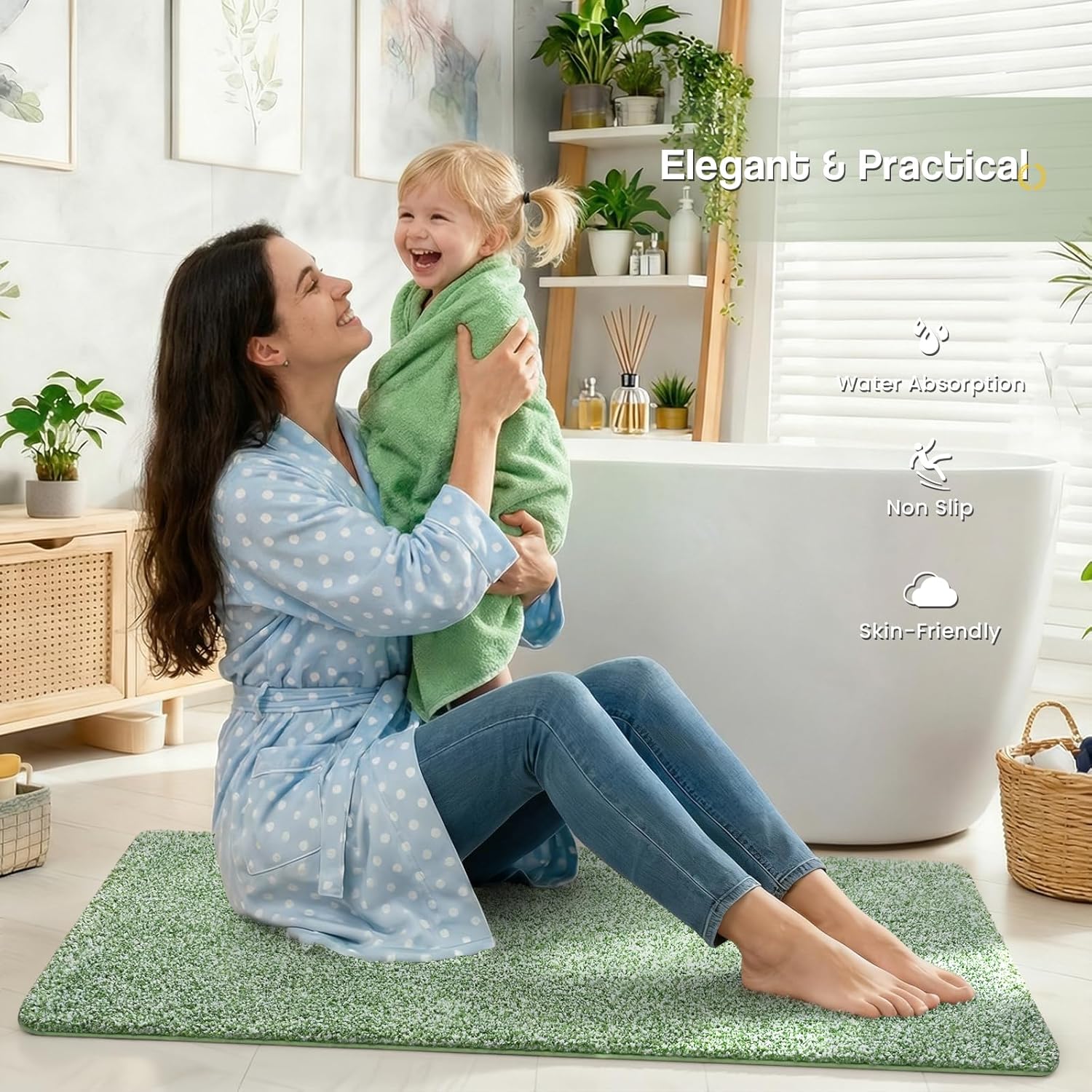 ISEAU Bathroom Runner Rugs 24x60, Super Absorbent Microfiber Large Bath Mat, Non-Slip Long Shower Rug with TPR Backing, Thick Plush Machine Washable Bathmat for Bathrooms, Green/White