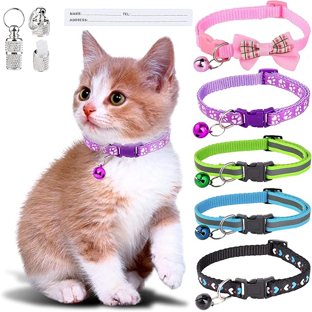 Simpeak 5 pcs Cat Collar , Adjustable Reflective Kitten Collar with Bow Tie, Anti Strangulation Puppy Collar with Bell and 2 Anti-Lost Tag Pendant