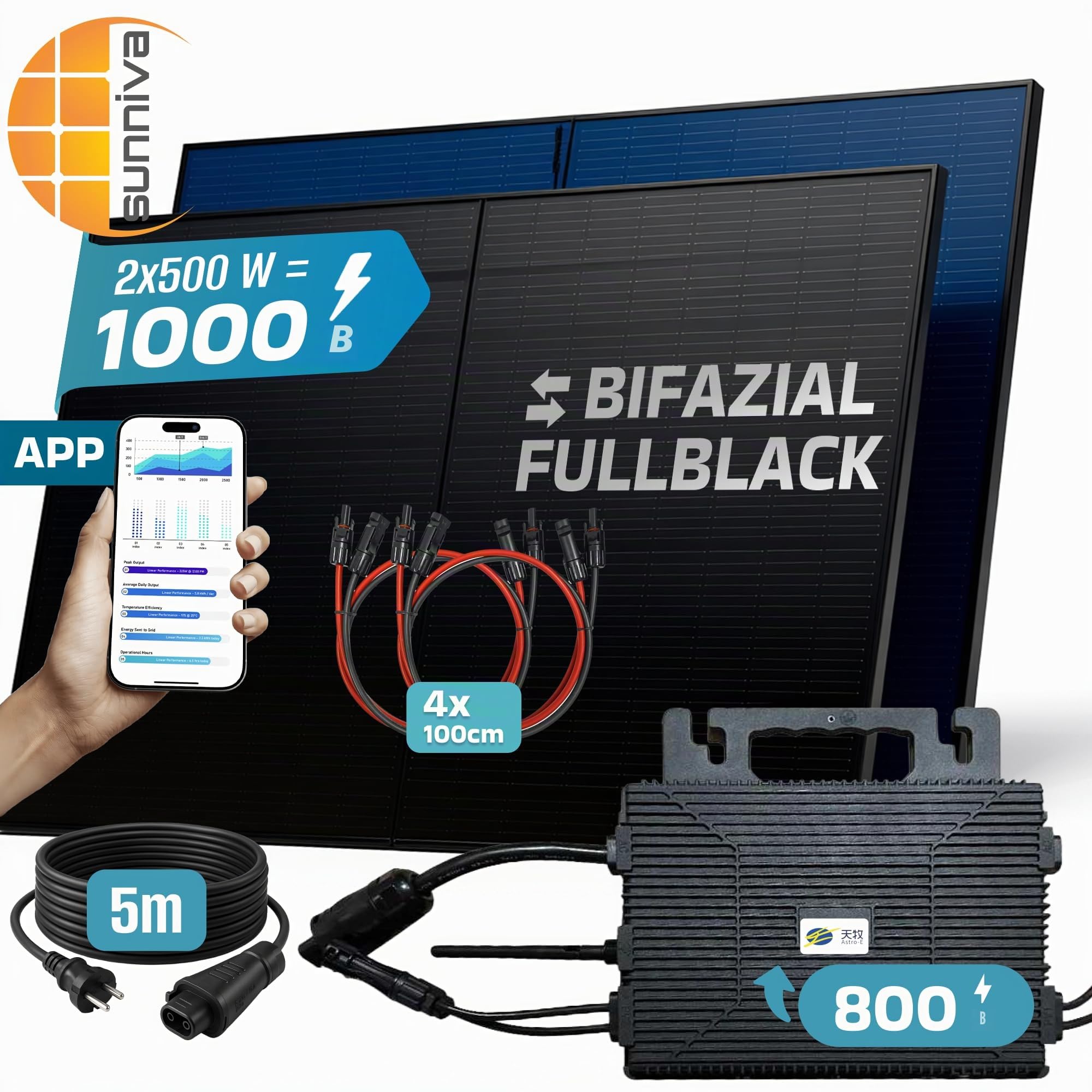 SUNNIVA 1000W Balkonkraftwerk BIFAZIAL FULLBLACK komplett Steckdose ASTRO-E 800W Wechselrichter, PV Solaranlage, 2x 500W Glas Solarmodule, inkl. 5m Kabel, Bluetooth WIFI, Komplettset