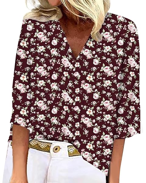 Women's 3/4 Sleeve Tops Blouses for Women Summer V-Neck Floral Boho Shirts Tees Tre...