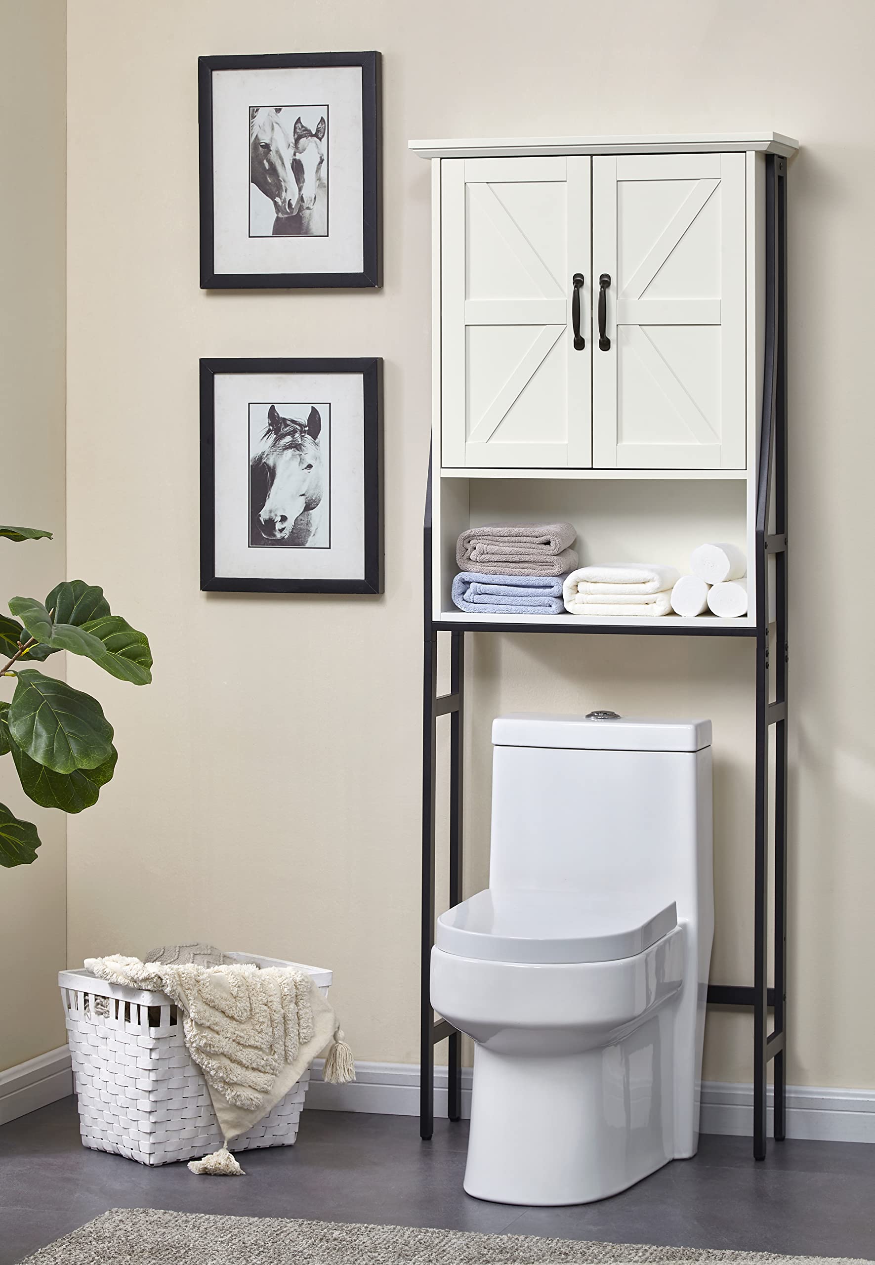 MXARLTR Over The Toilet Storage Cabinet, Over Toilet Bathroom Organizer, Above Toilet Storage Cabinet with Barns Doors Behind Toilet Bathroom Organizer Ove-The-Toilet Cabinet (Cream White)