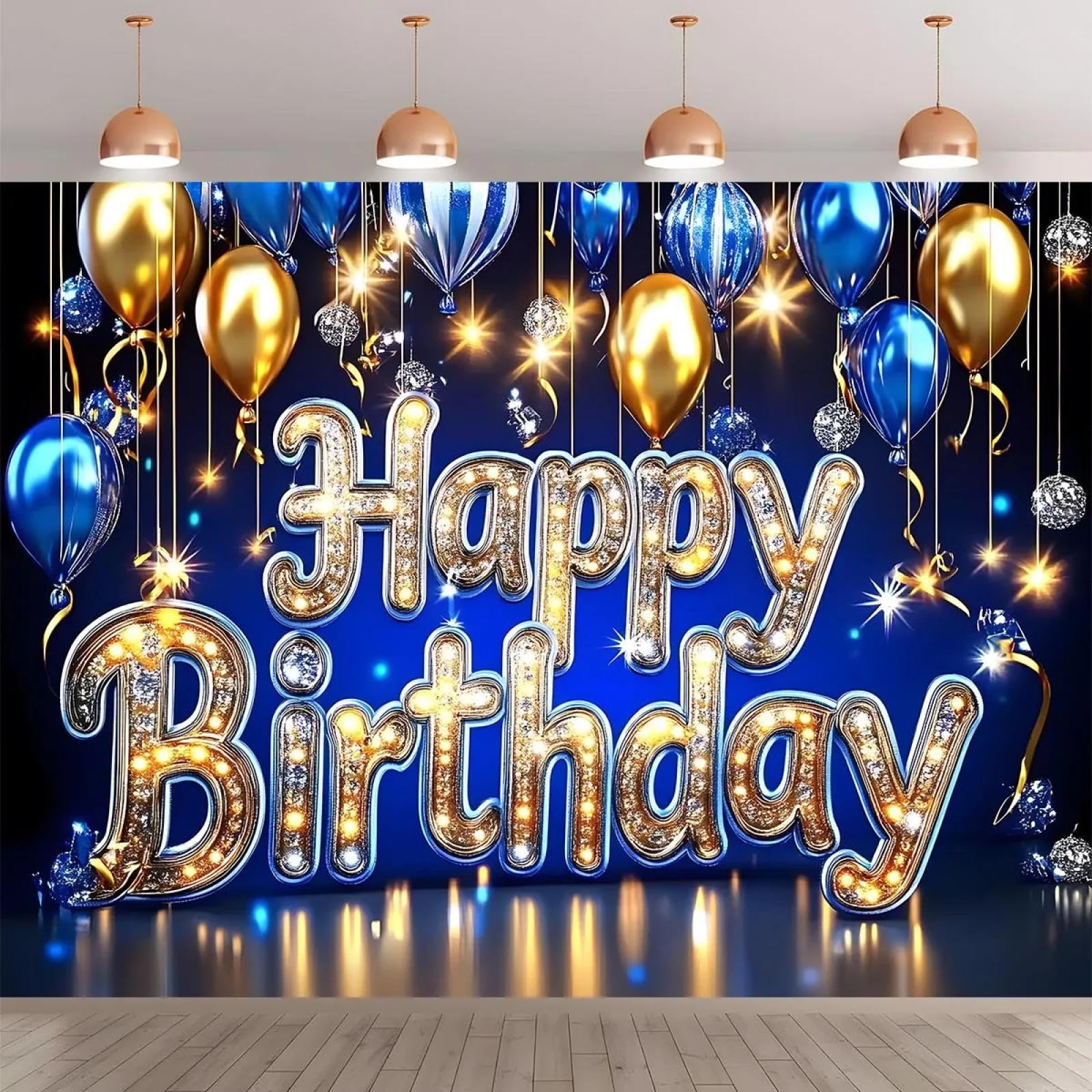 Bannière de Fond Joyeux Anniversaire à Paillettes dorées et Bleues pour Fournitures de fête intérieures et extérieures 300x200cm