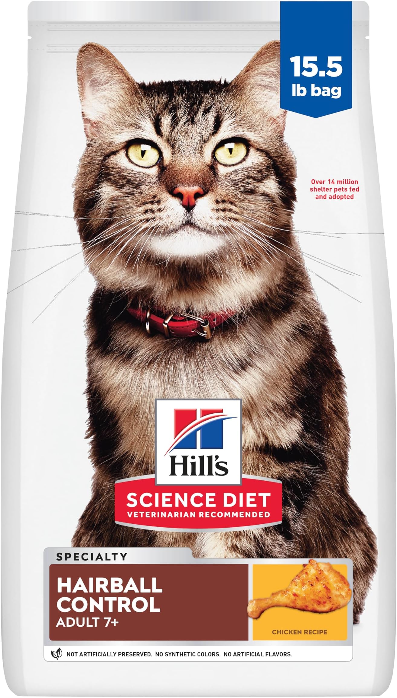 Adult 7+ Hairball Control Dry Cat Food, Chicken, 15.5 lb. Bag