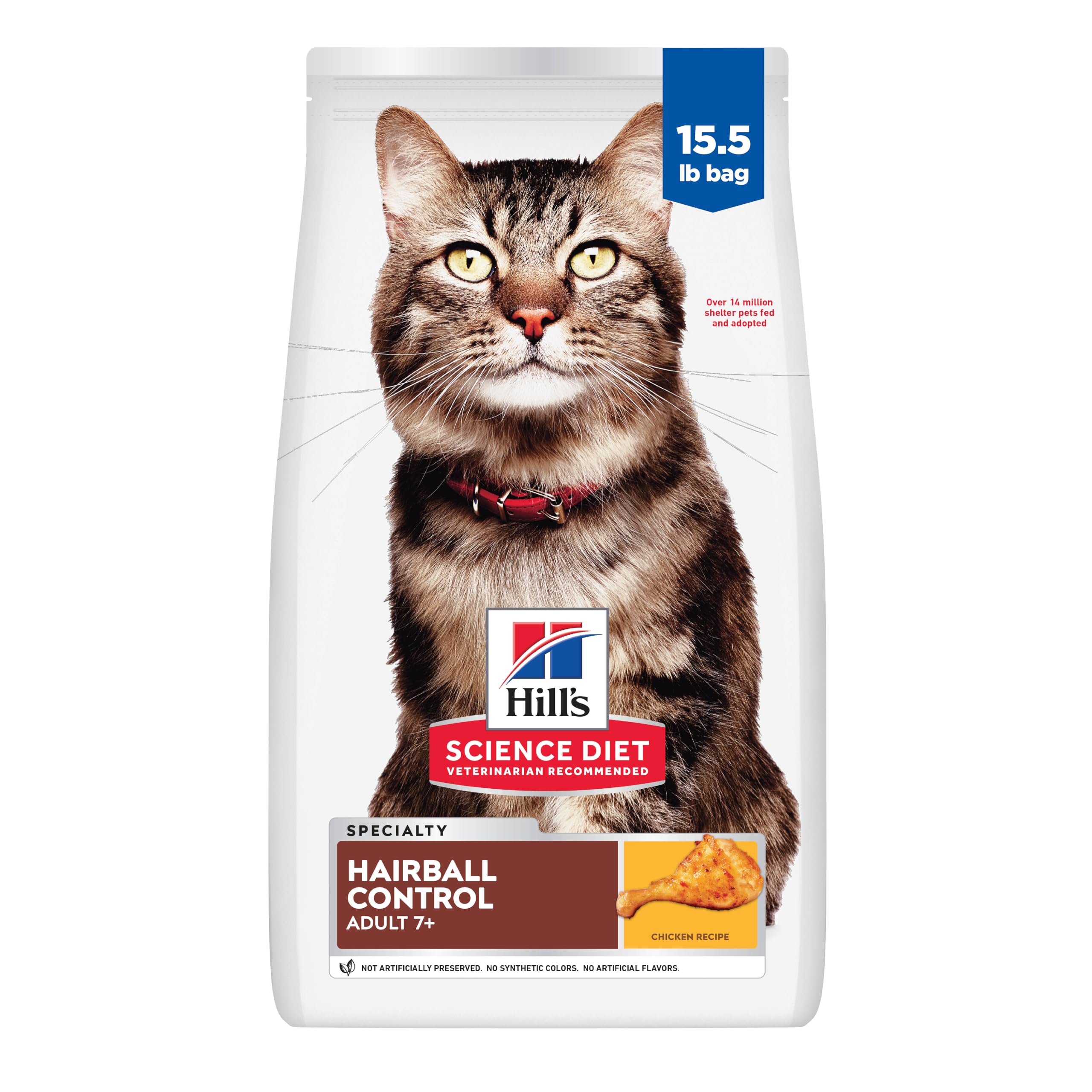 Hill's Science Diet Hairball Control, Senior Adult 7+, Hairball Control Support, Dry Cat Food, Chicken Recipe, 15.5 lb Bag