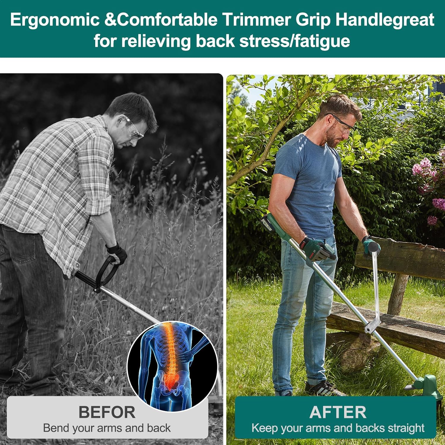 Ergonomic Weed Eater Handle Extension Back Saver Trimmer Grip for Lawn Care and Landscaping, Durable Weedeater Handle for Comfortable Use with Shoulder Strap Harness