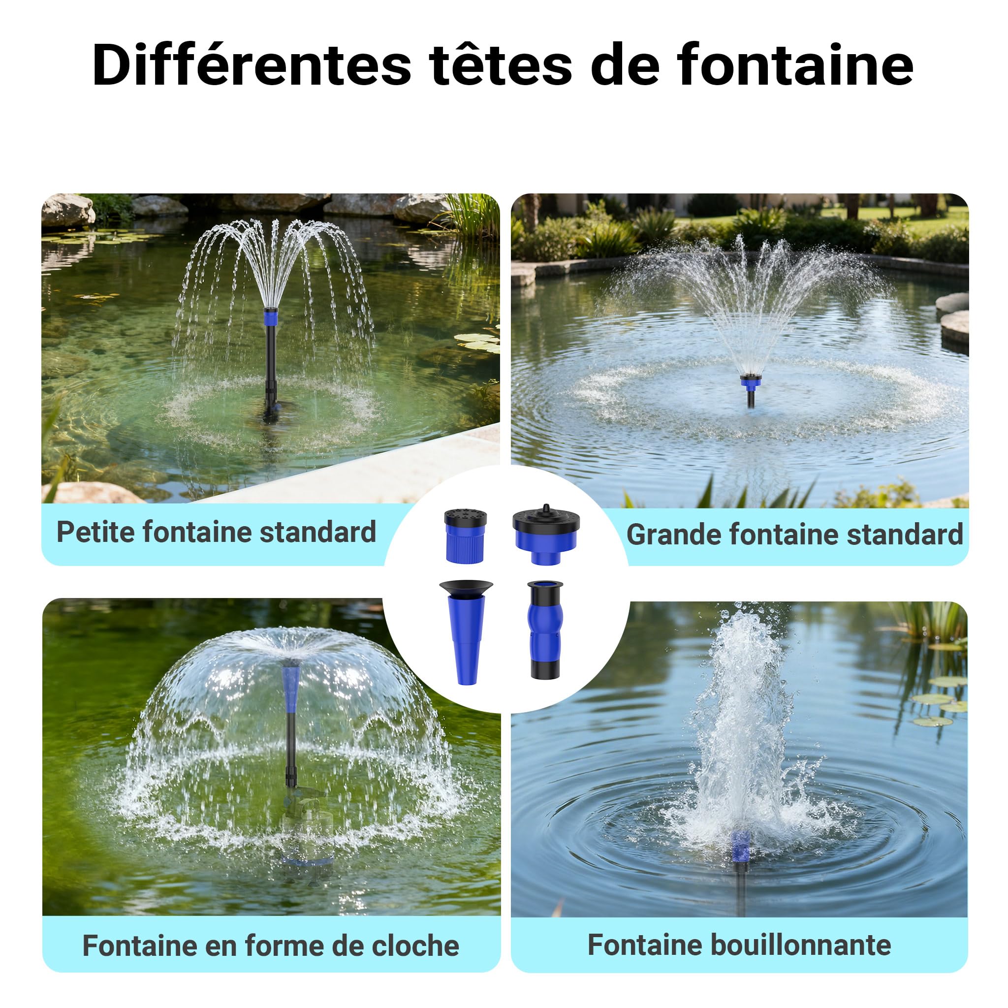 SunSun Pompe de fontaine - 110 x 110 x 180 mm - 50 W - 1750 l/h - refoulement 2,3 m - en Acier fin - avec 3 Embouts pour différents Jets - Pompe à eau Bassin