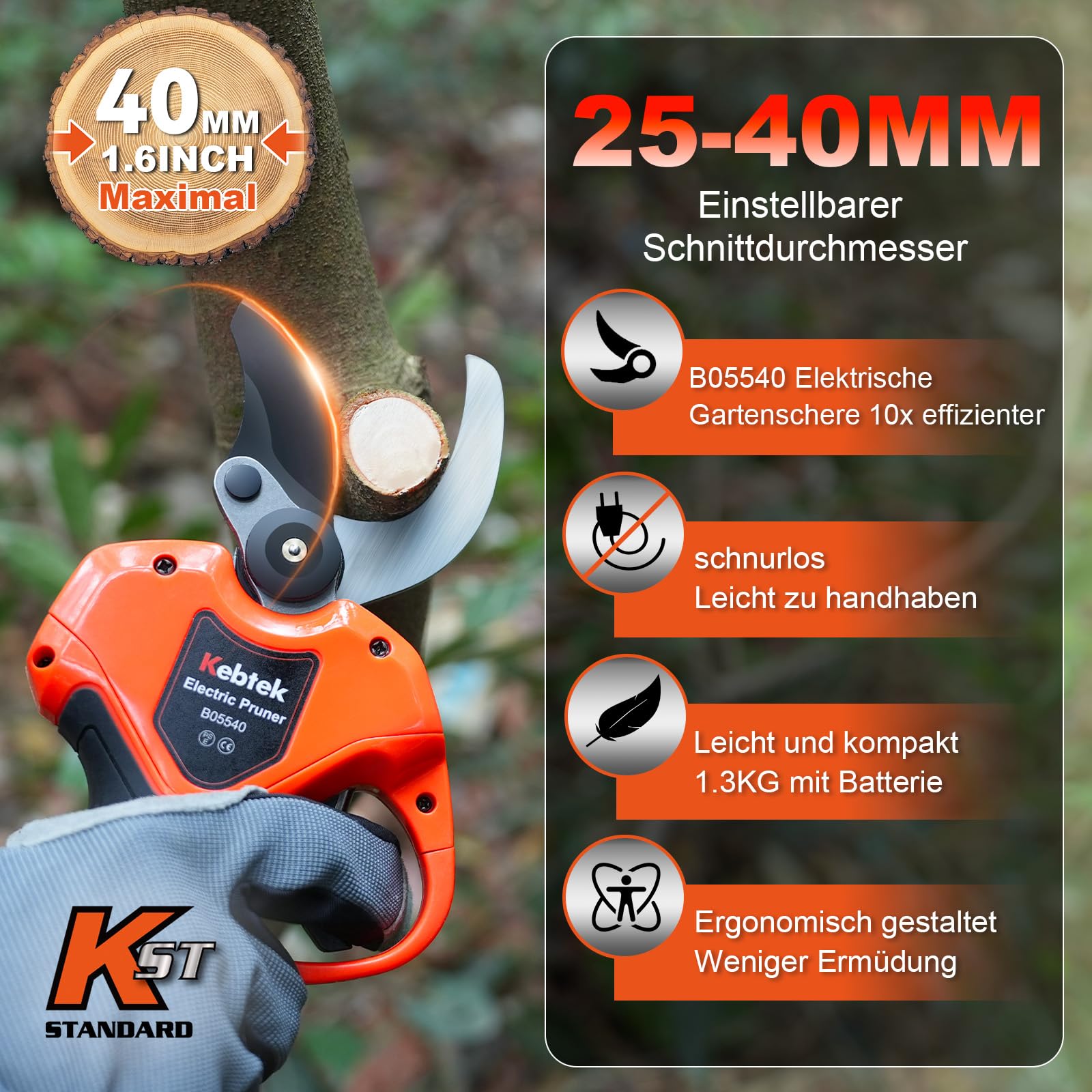 Kebtek Akku Gartenschere Akku Astschere 40mm, 1,6''-0,98'' Elektrische Schere Zweige Schneiden Buchsbaumschere Elektrisch Profi für Gartenarbeit Schwerlast (Nur ScherenköRper)