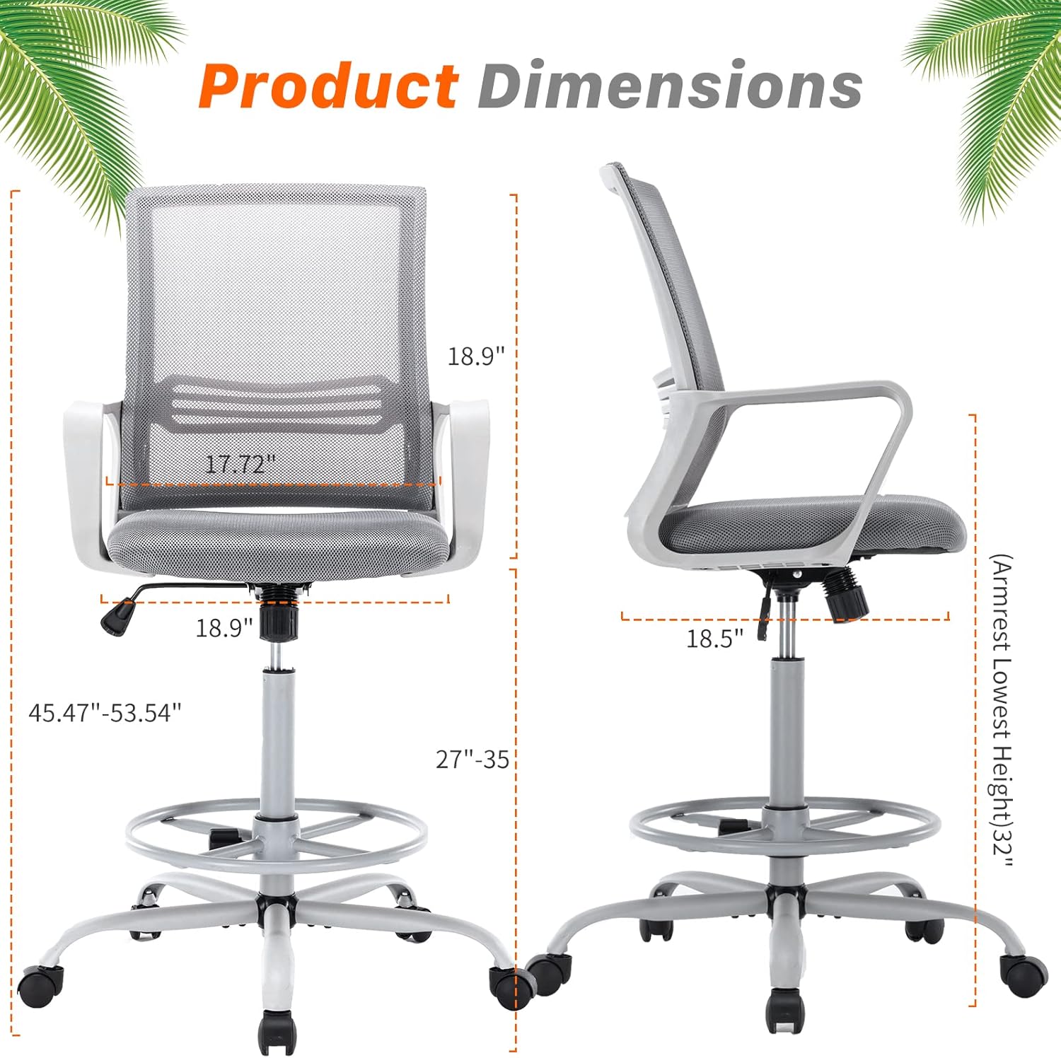 AFO Mid-Back Mesh Tall Office Drafting Stool Chairs with Armrest for Standing Desk, Grey : Home & Kitchen