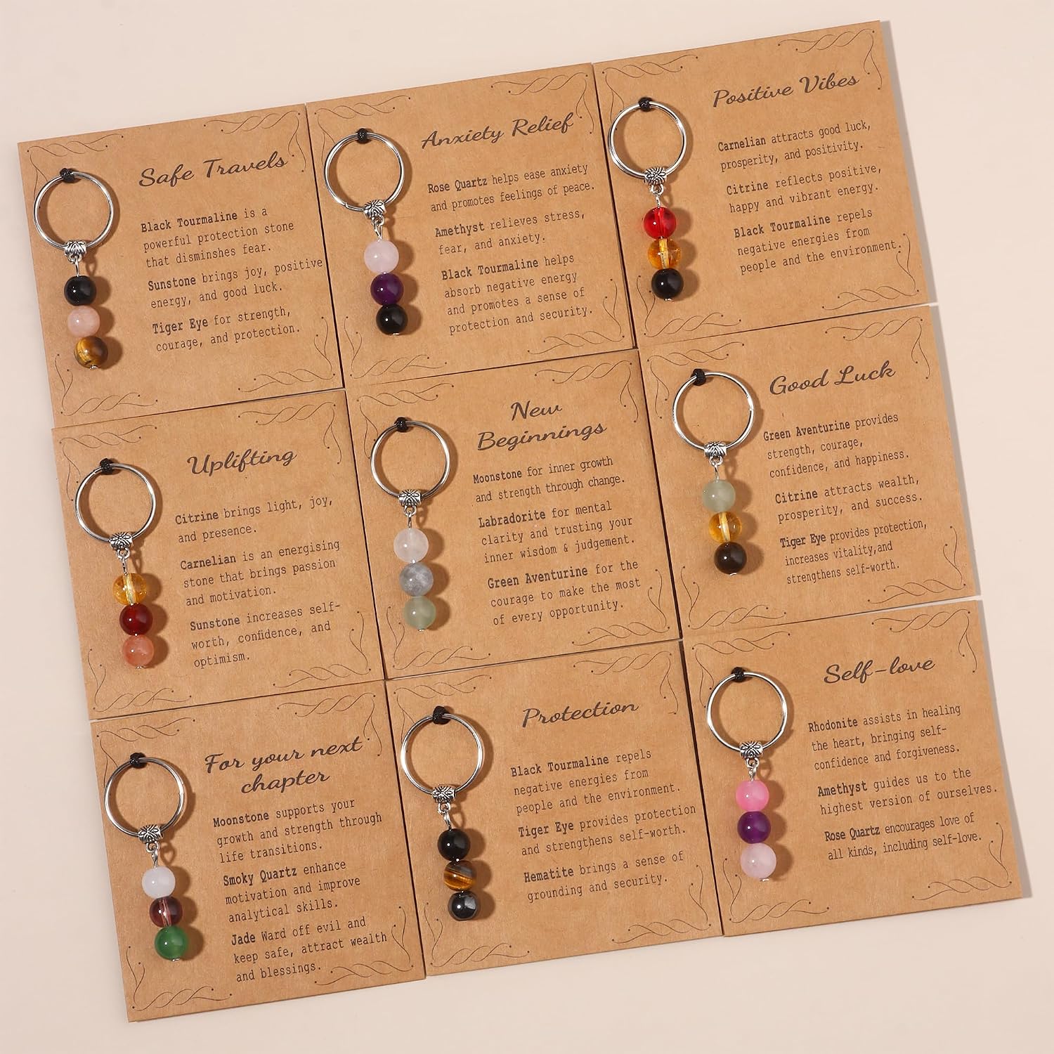 MOZAKA 9PCS Natural Crystal Keychains for New Beginnings, Inspirational Healing Gifts for Women, Anxiety Relief Keychain Set