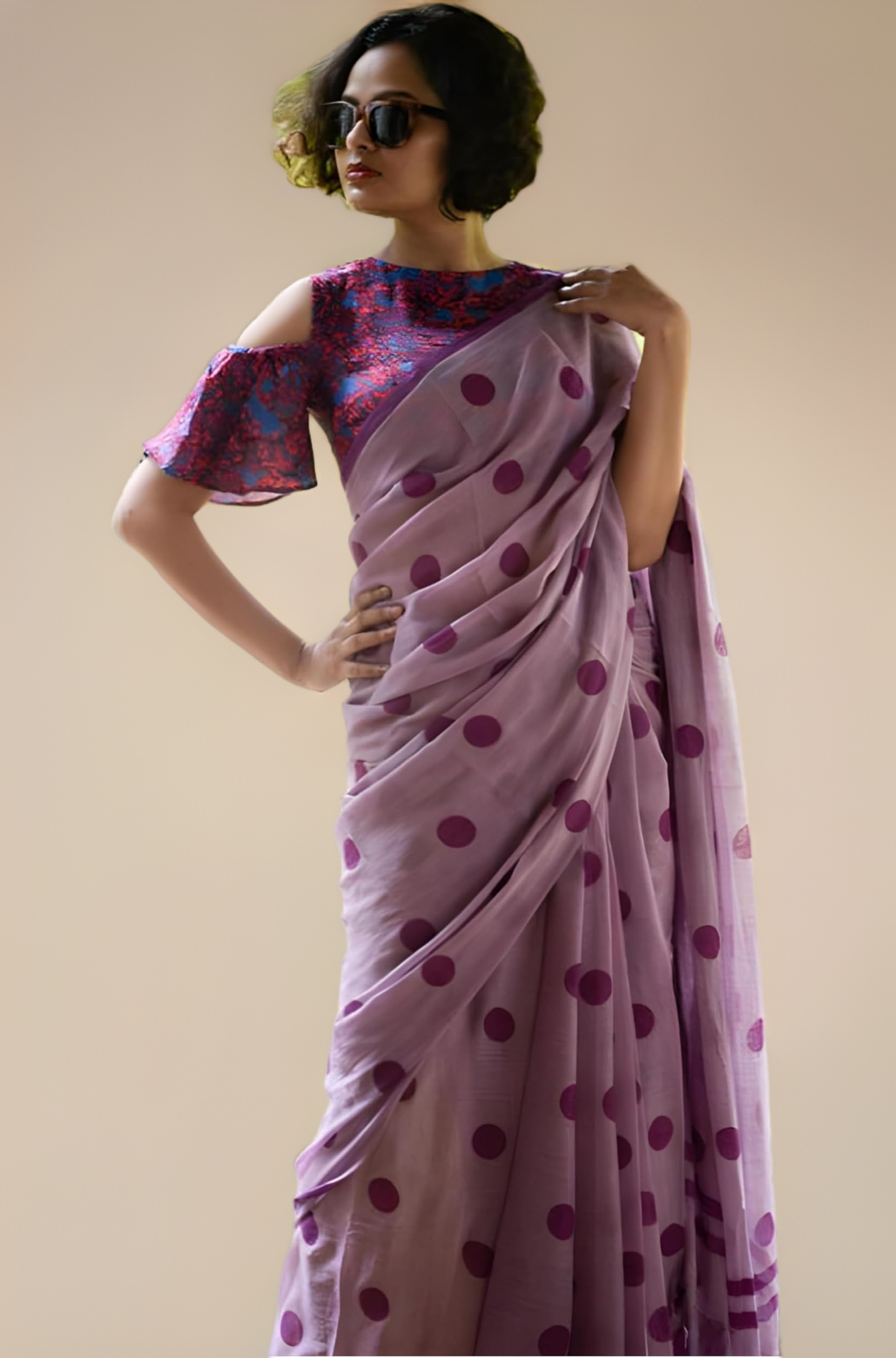 StyleScope Women's Polka Dot Printed Linen Cotton Saree With Unstitched Blouse Piece (Laddu_Free Size)