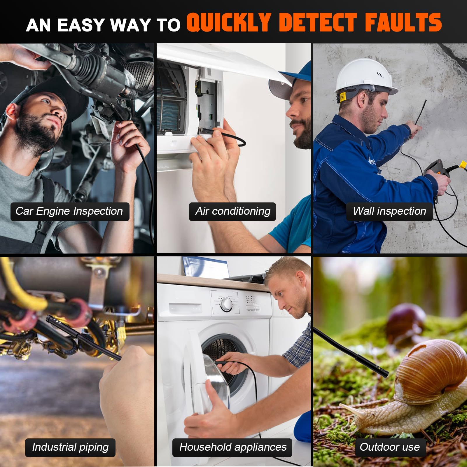 TURN RAISE Borescope Triple Lens 50FT Inspection Camera, Endoscope 5" IPS Screen 1080P Sewer Inspection Camera Split Screen Semi-Rigid Cable Waterproof Drain Camera