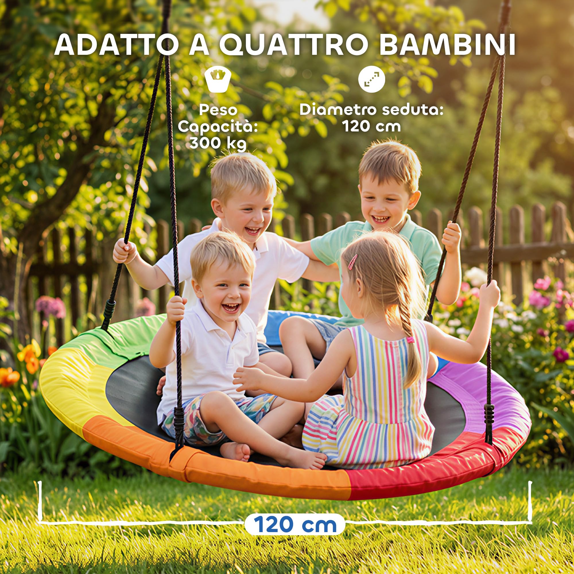 AIYAPLAY Altalena da Albero, Altalena a Nido per Bambini da Ø120 cm con Corde Regolabili e Cinghie, Gioco da Esterno per Bambini 3-8 Anni, Capacità 300 kg, Multicolore - 4