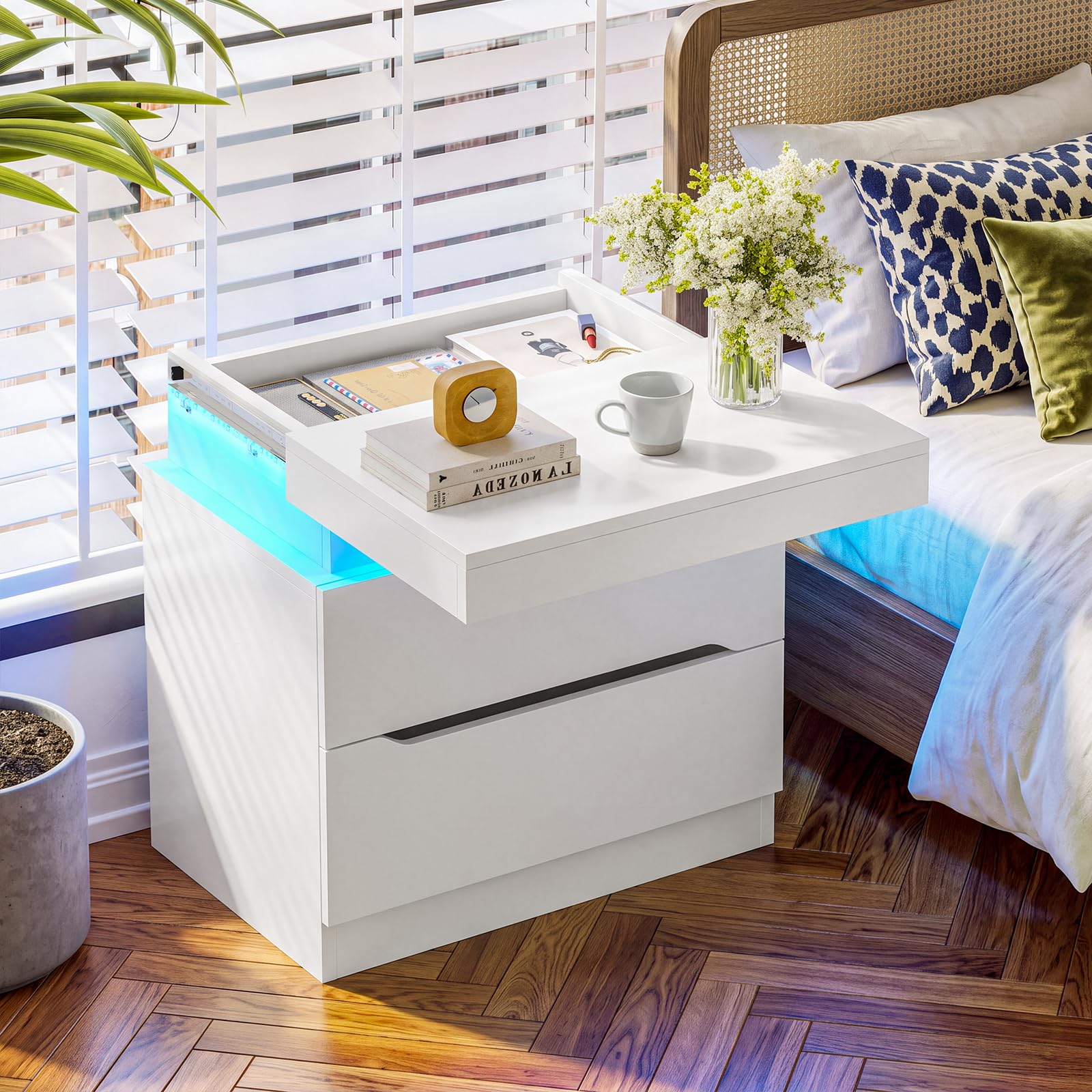 TEENFON Night Stand with 2 Drawers, Nightstand with App-Controlled Adjustable LED Light, Bedside Table with Slidable Hidden Storage Space, Modern Nightstands for Bedroom,White