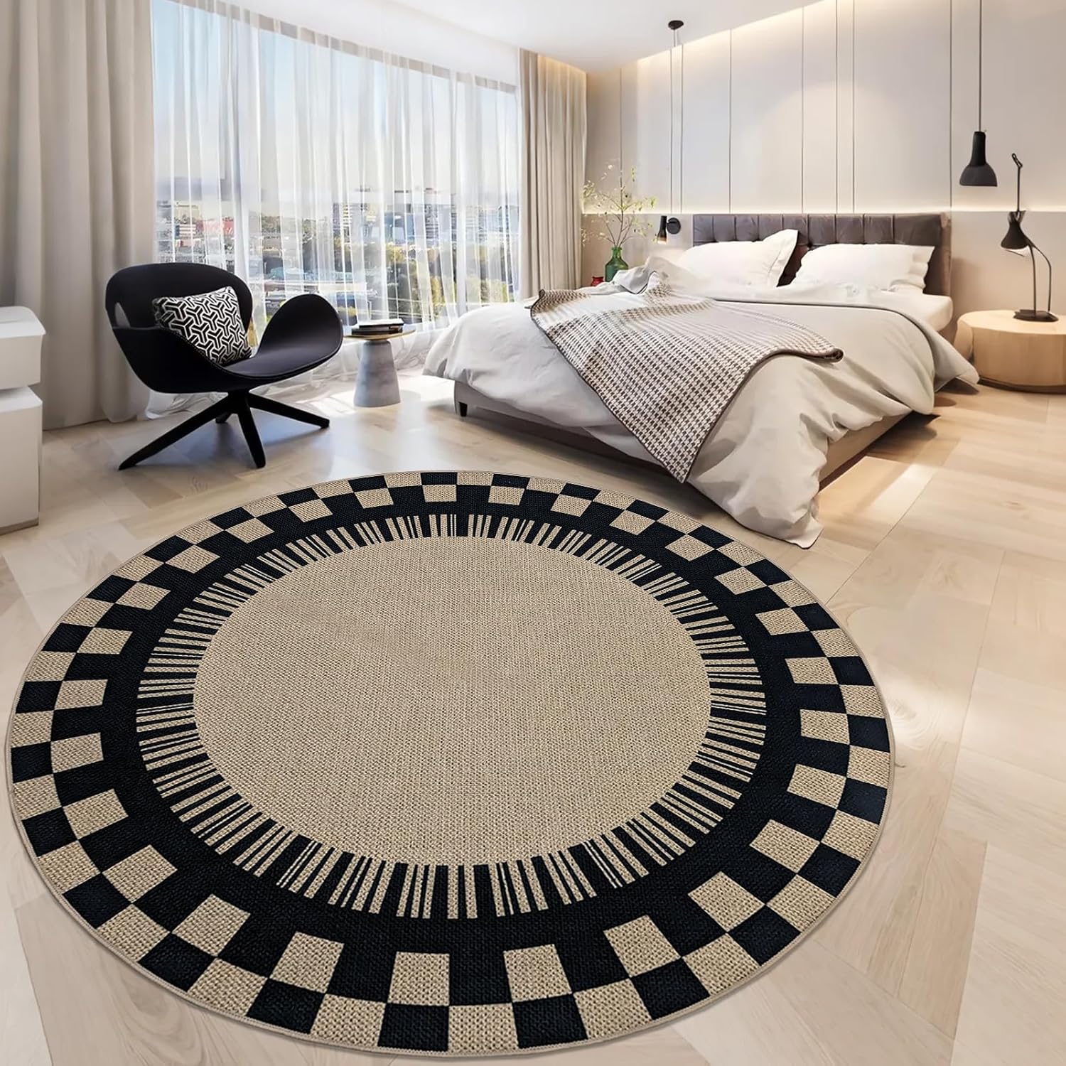 Modern Rug 6Ft Round Easy Jute Checkered Carpet for Outdoor Balcony, Farmhouse, Bedroom, Living Room, Kids Room, Circle Faux Jute Checkerboard, Nonslip, Washable, Thin, Neutral, Brown