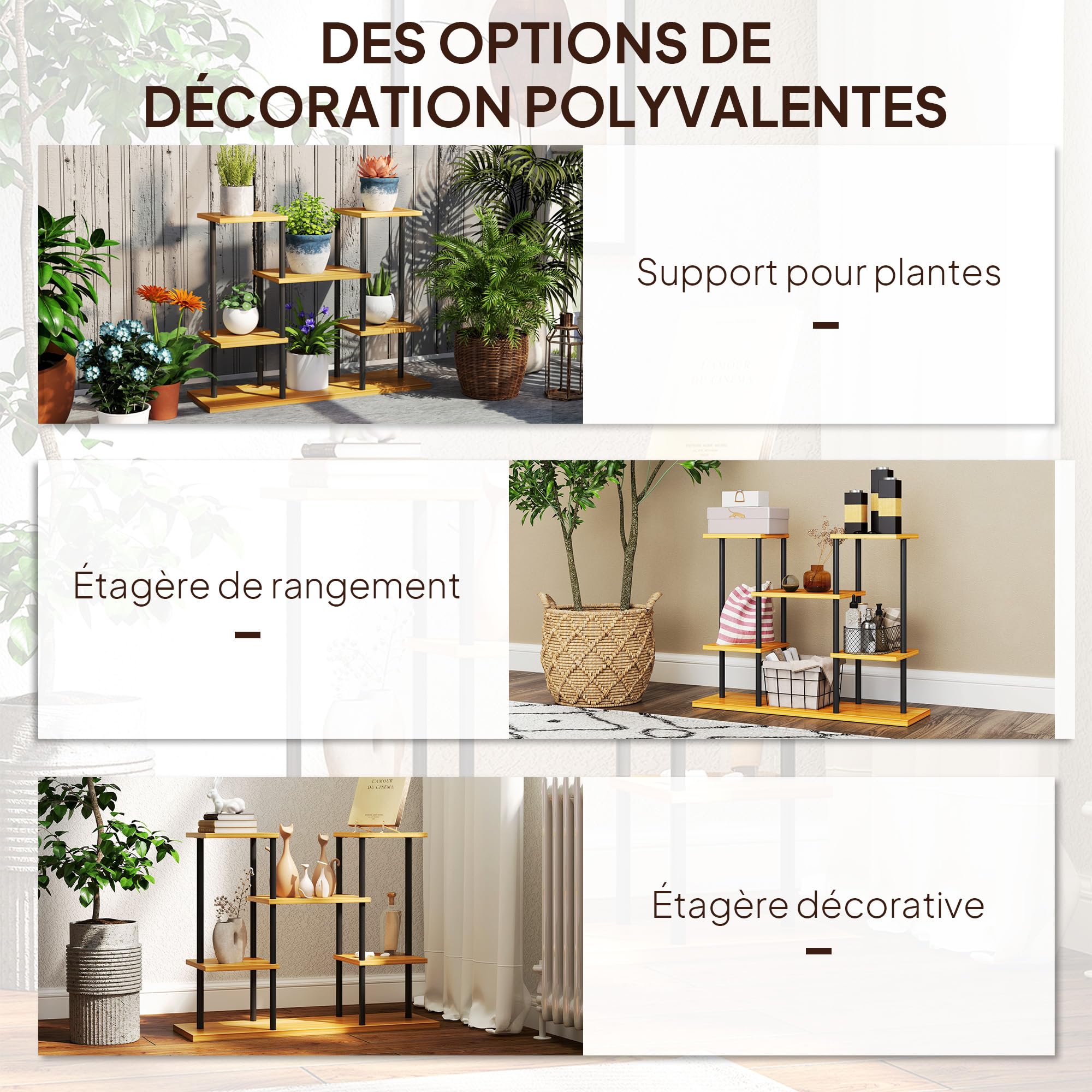 Outsunny Support plantes intérieur, étagère plante à 6 niveaux, cadre en acier base en bois massif, porte plante pour salon, balcon, jardin, bois naturel