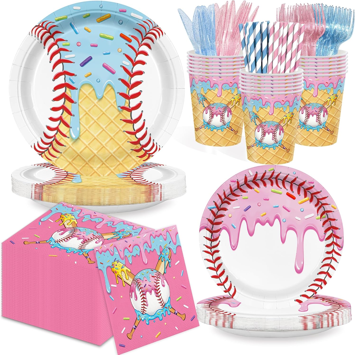 168PCS Ice Cream Drip Baseball Birthday Party Decorations & Favors - Serves 24 | Disposable Tableware: Baseball Plates, Napkins, Cups | Sports/Birthday Party Supplies